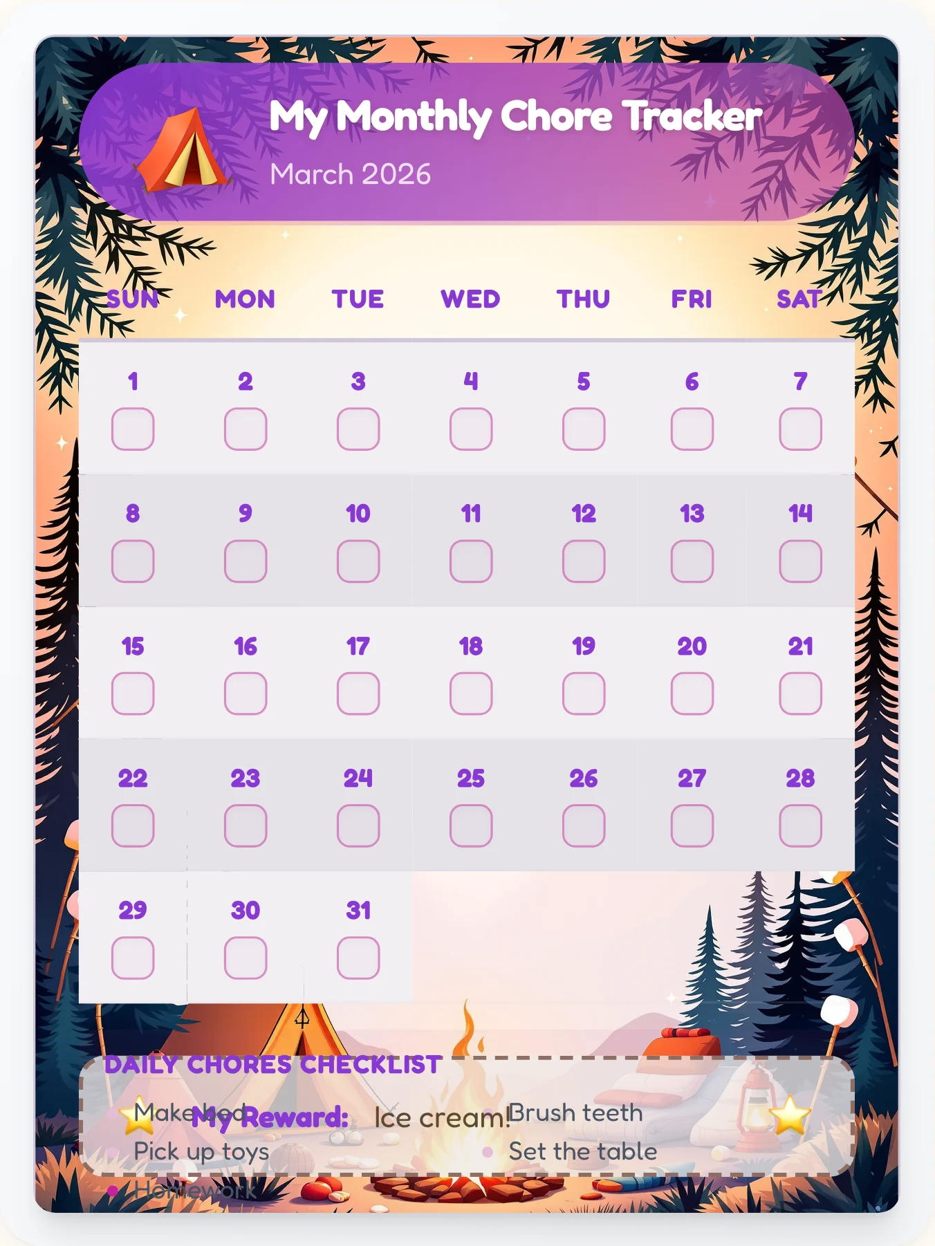 Serene Camping Month View - printable camping chore chart