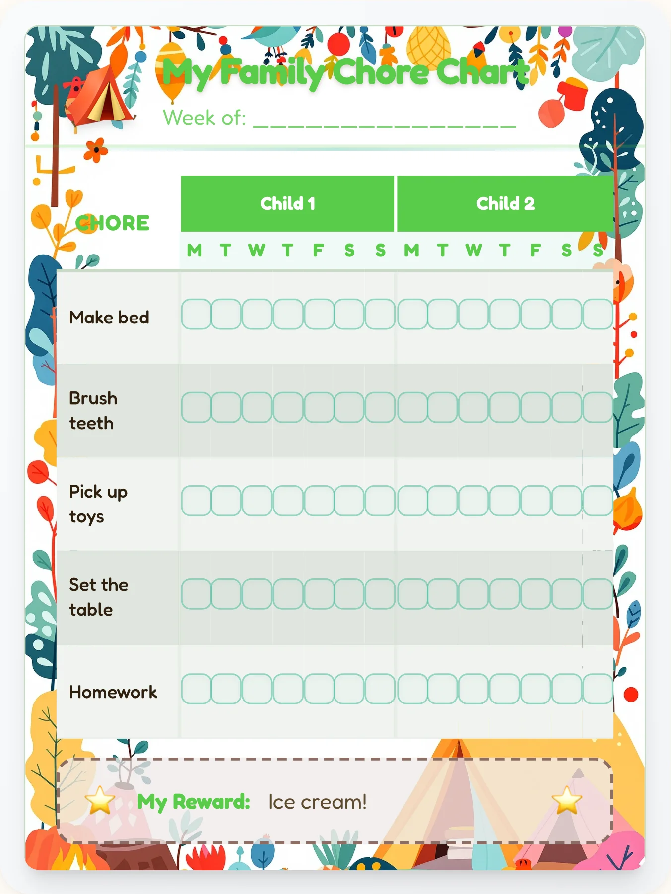 Tender Camping Sibling Board - printable camping chore chart