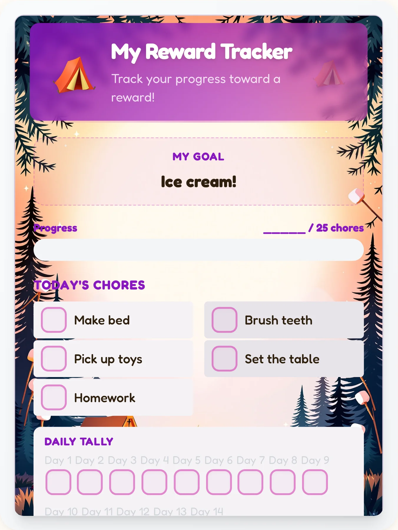 Urban Camping Prize Chart - printable camping chore chart