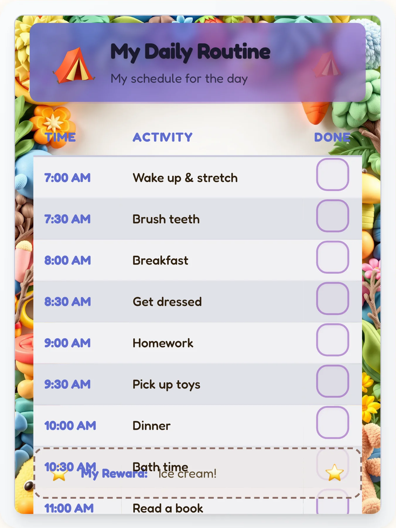 Natural Camping Routine Board - printable camping chore chart