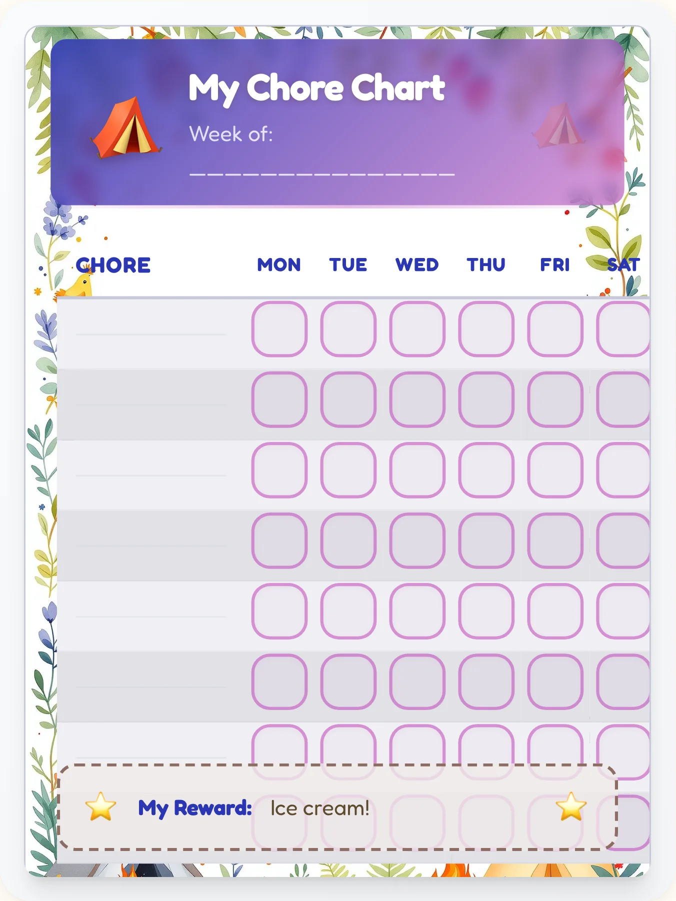 Natural Camping Open Template - printable camping chore chart