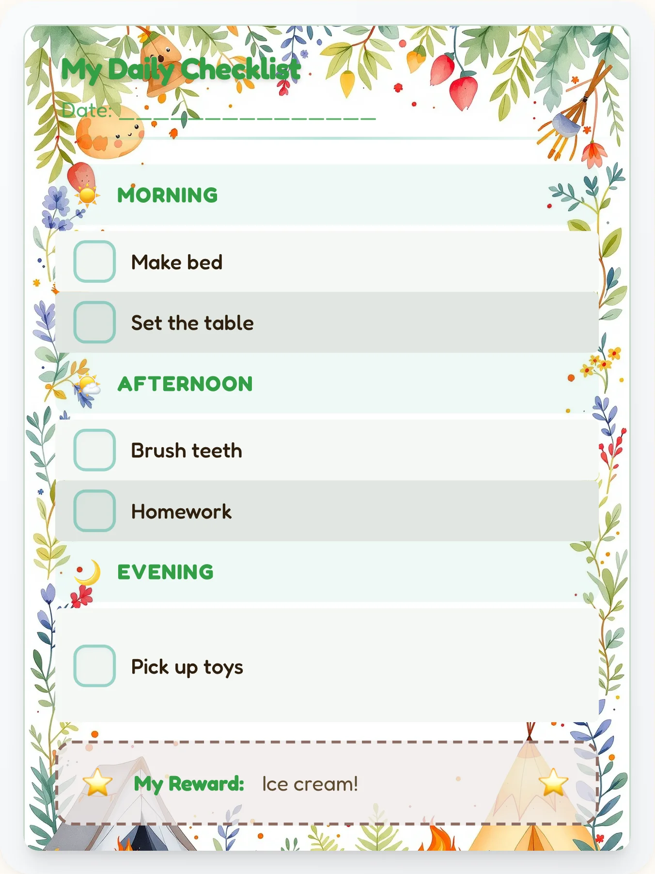 Warm Camping Checklist - printable camping chore chart