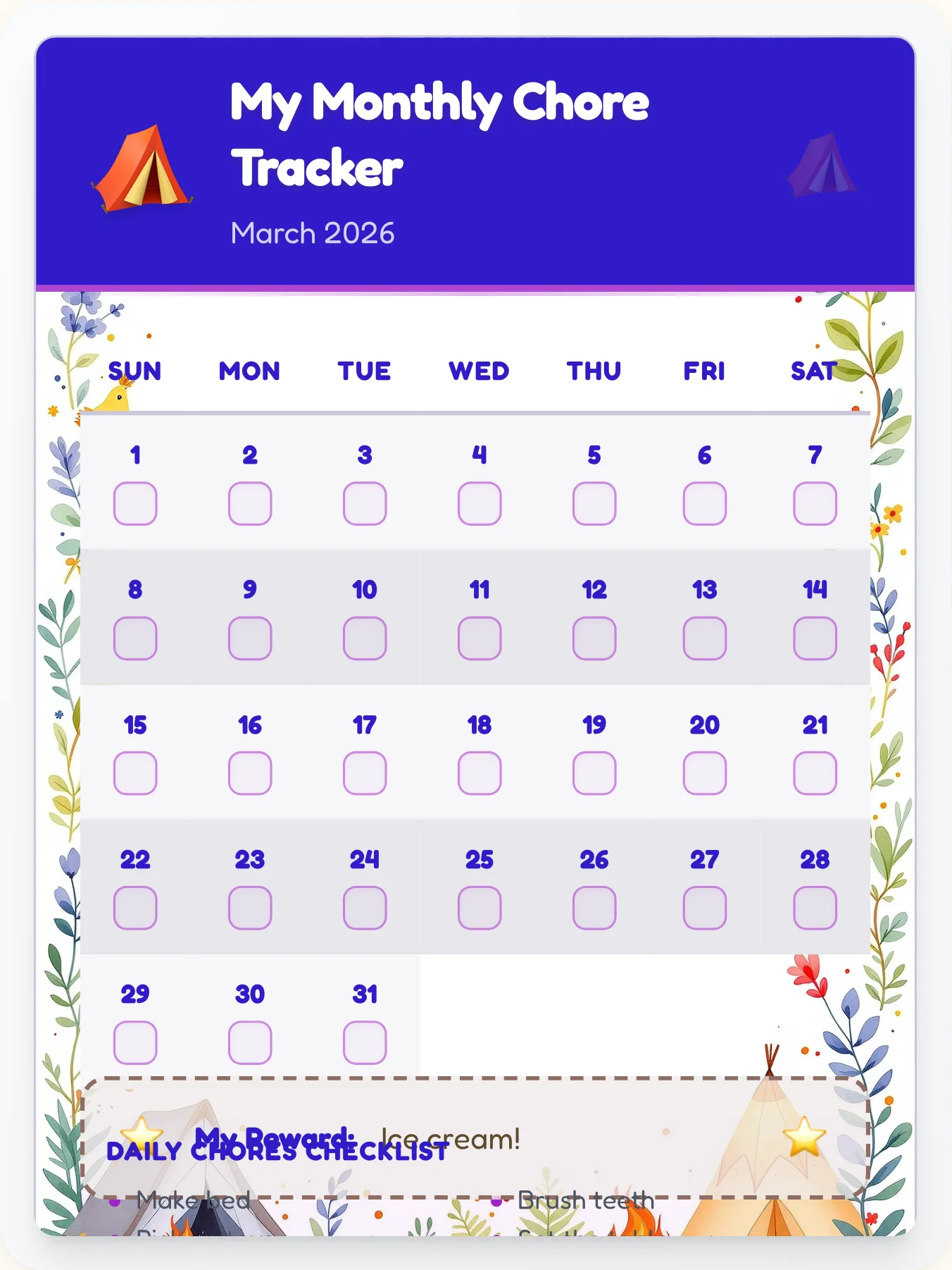 Organic Camping Calendar Board - printable camping chore chart
