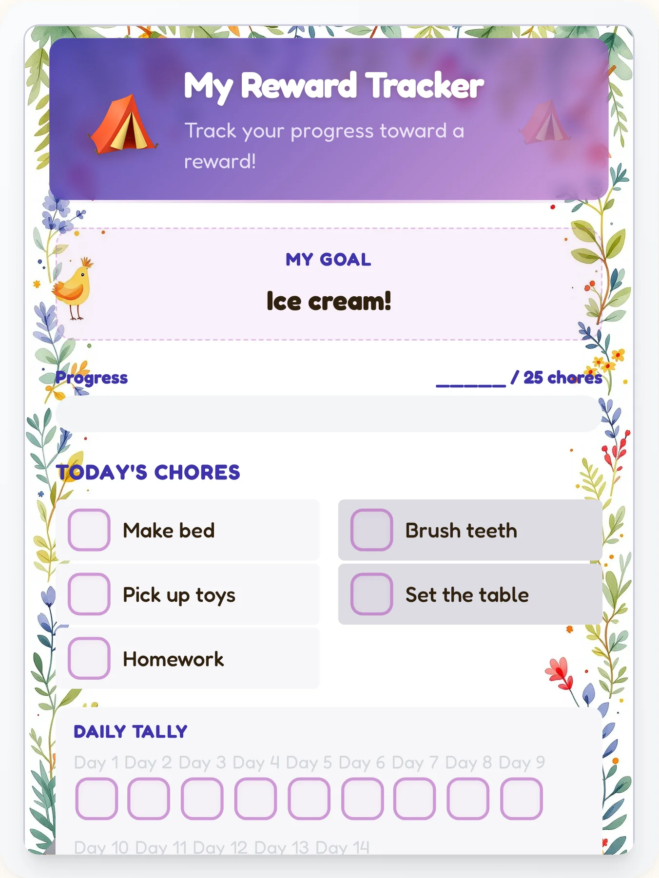 Organic Camping Reward Board - printable camping chore chart
