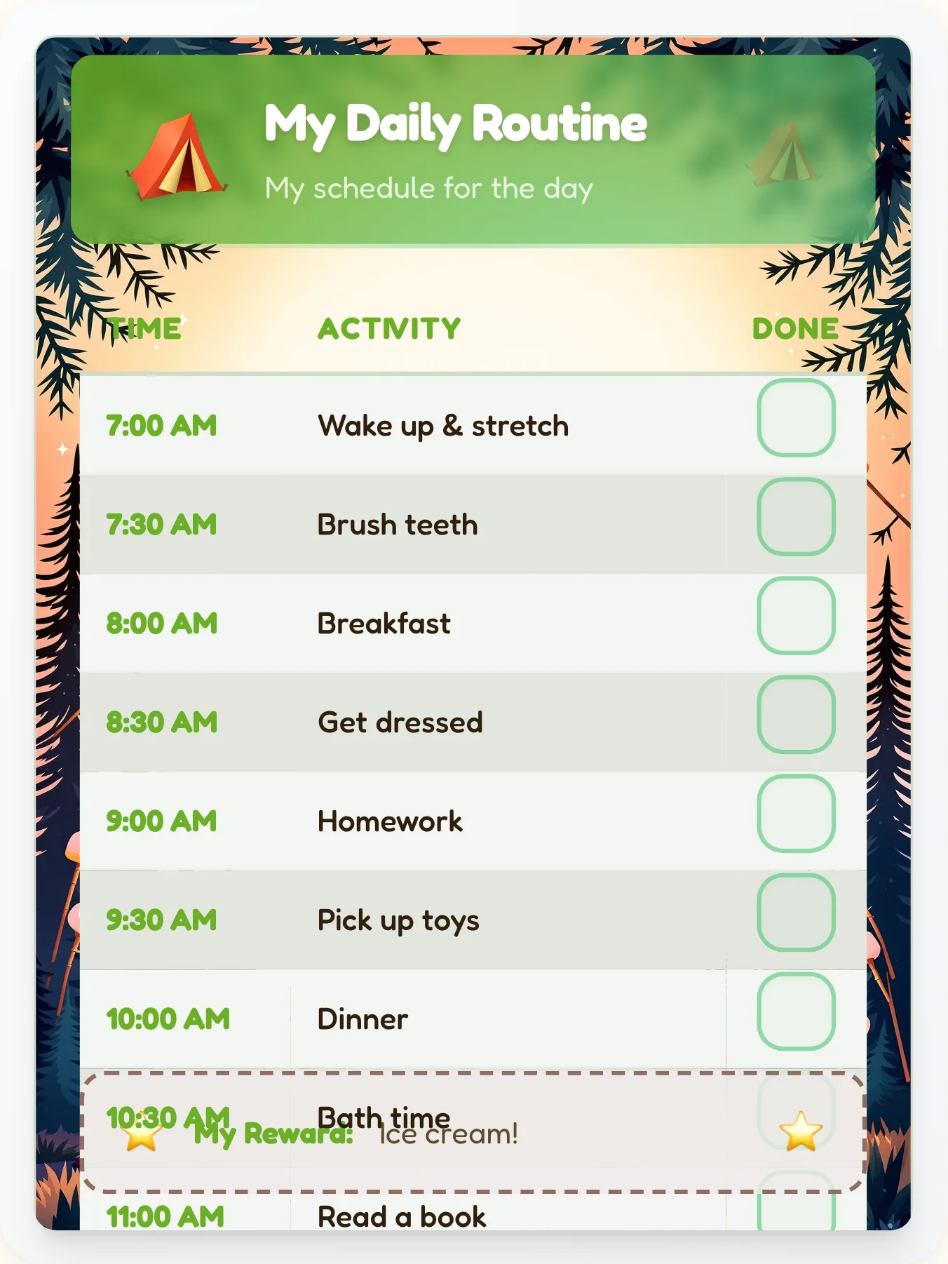 Quiet Camping Daily Routine - printable camping chore chart