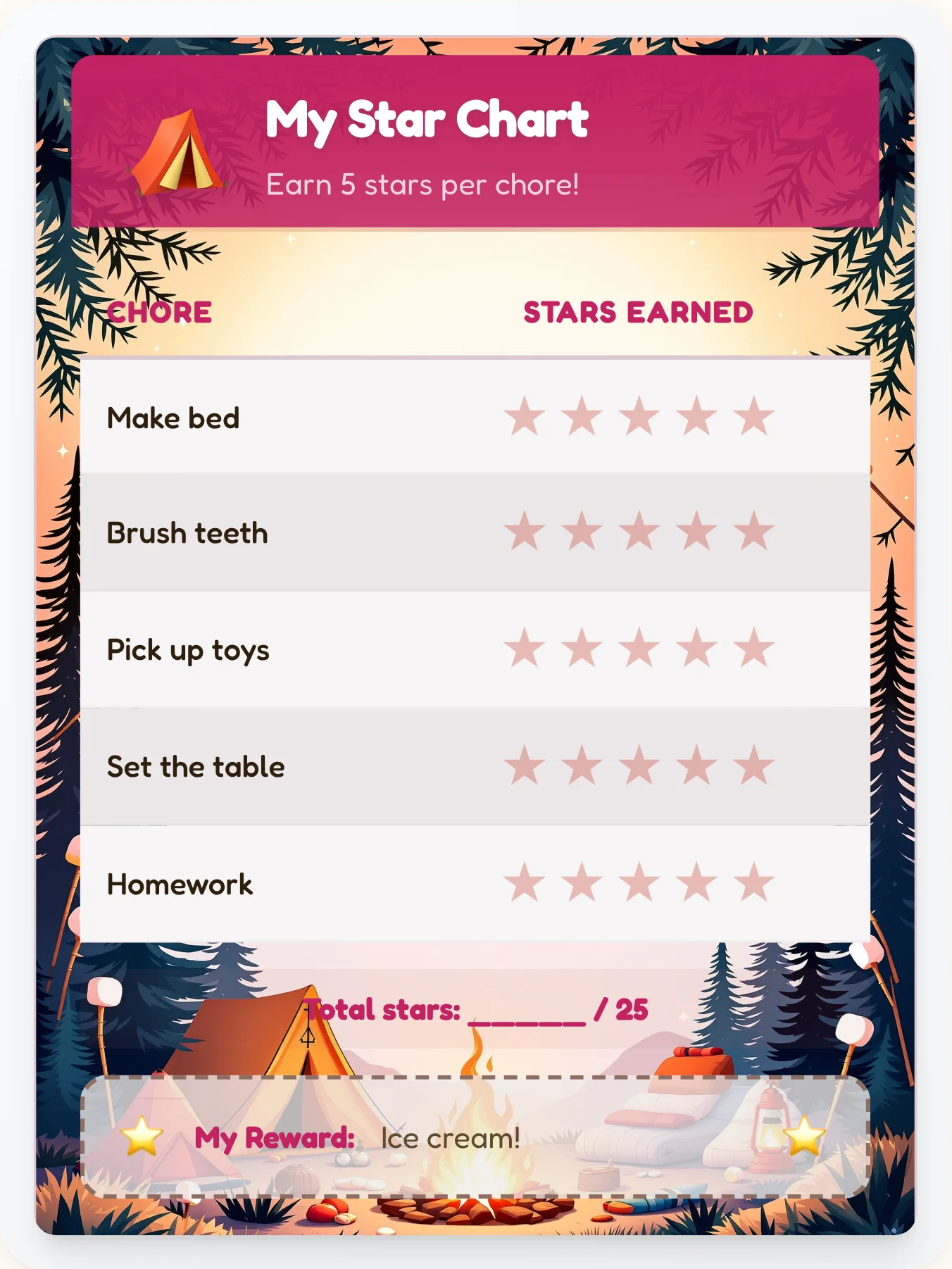 Electric Camping Star Rewards - printable camping chore chart