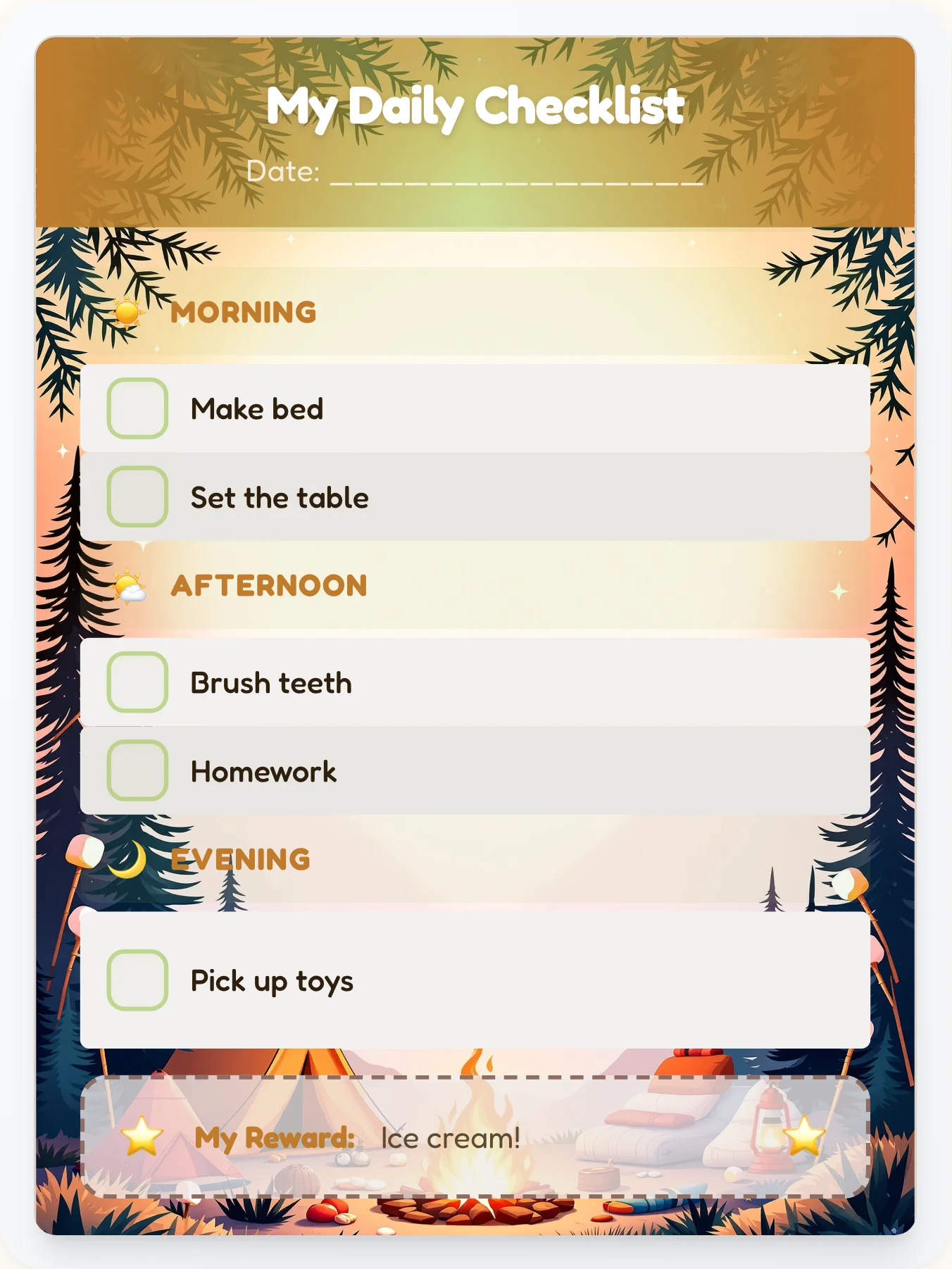 Golden Camping Day Tracker - printable camping chore chart