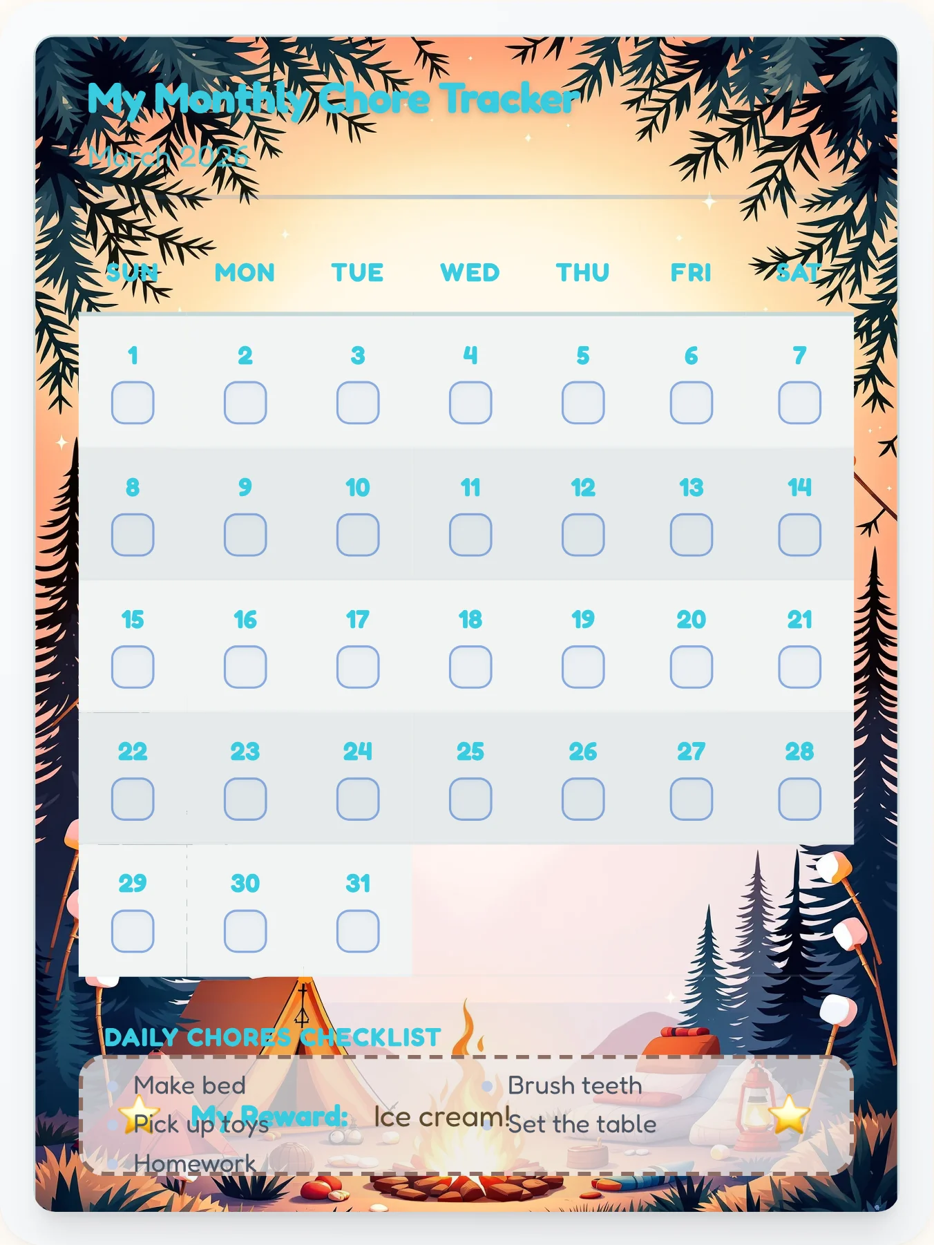 Harmony Camping Calendar Board - printable camping chore chart
