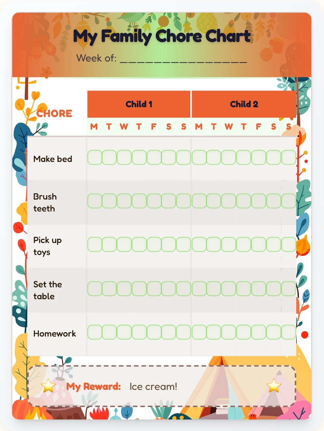 Cozy Camping Family Chart - printable camping chore chart