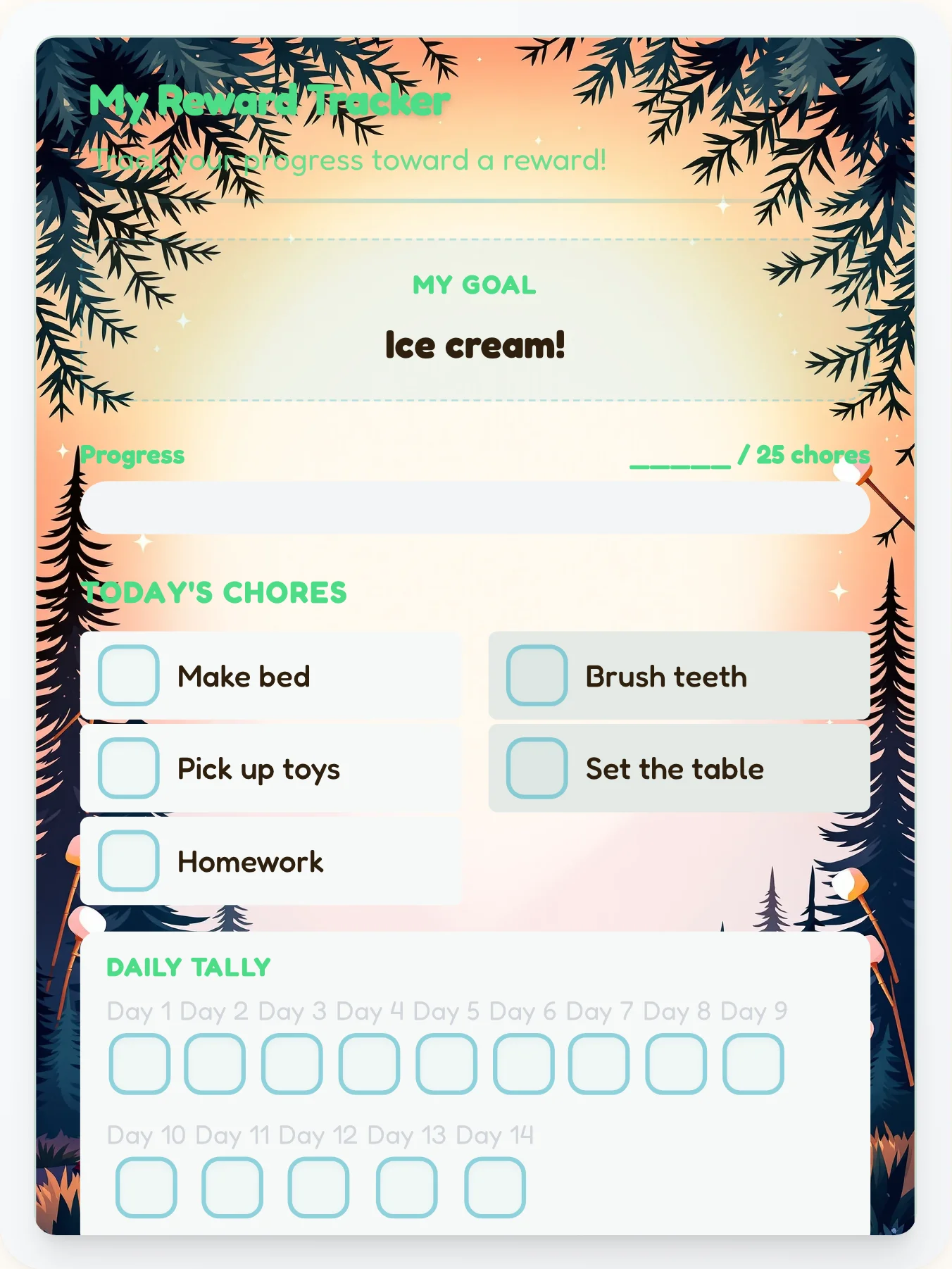 Cheerful Camping Goal Chart - printable camping chore chart