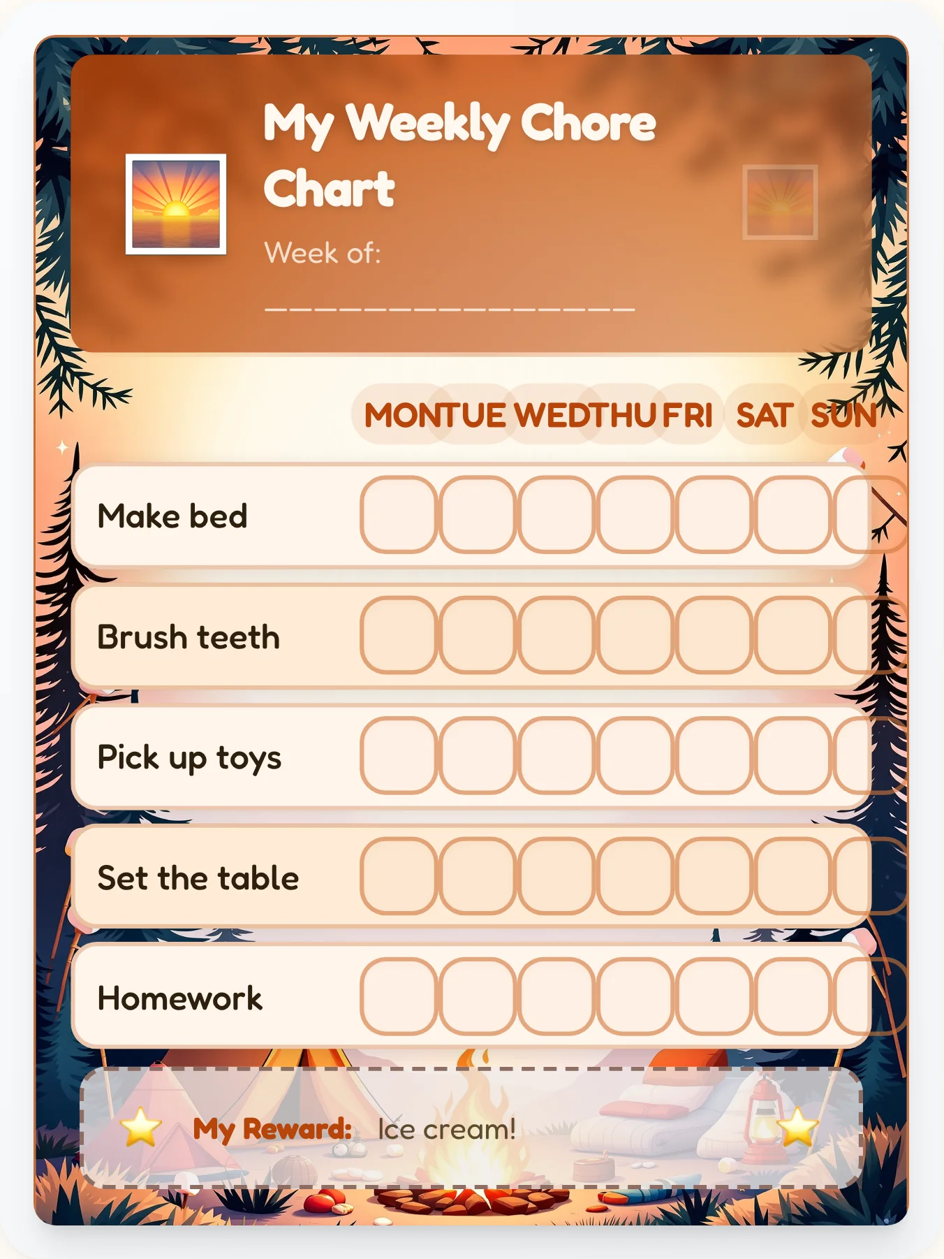 Golden Hour Campfire — Free Printable Camping Chore Chart - printable camping chore chart