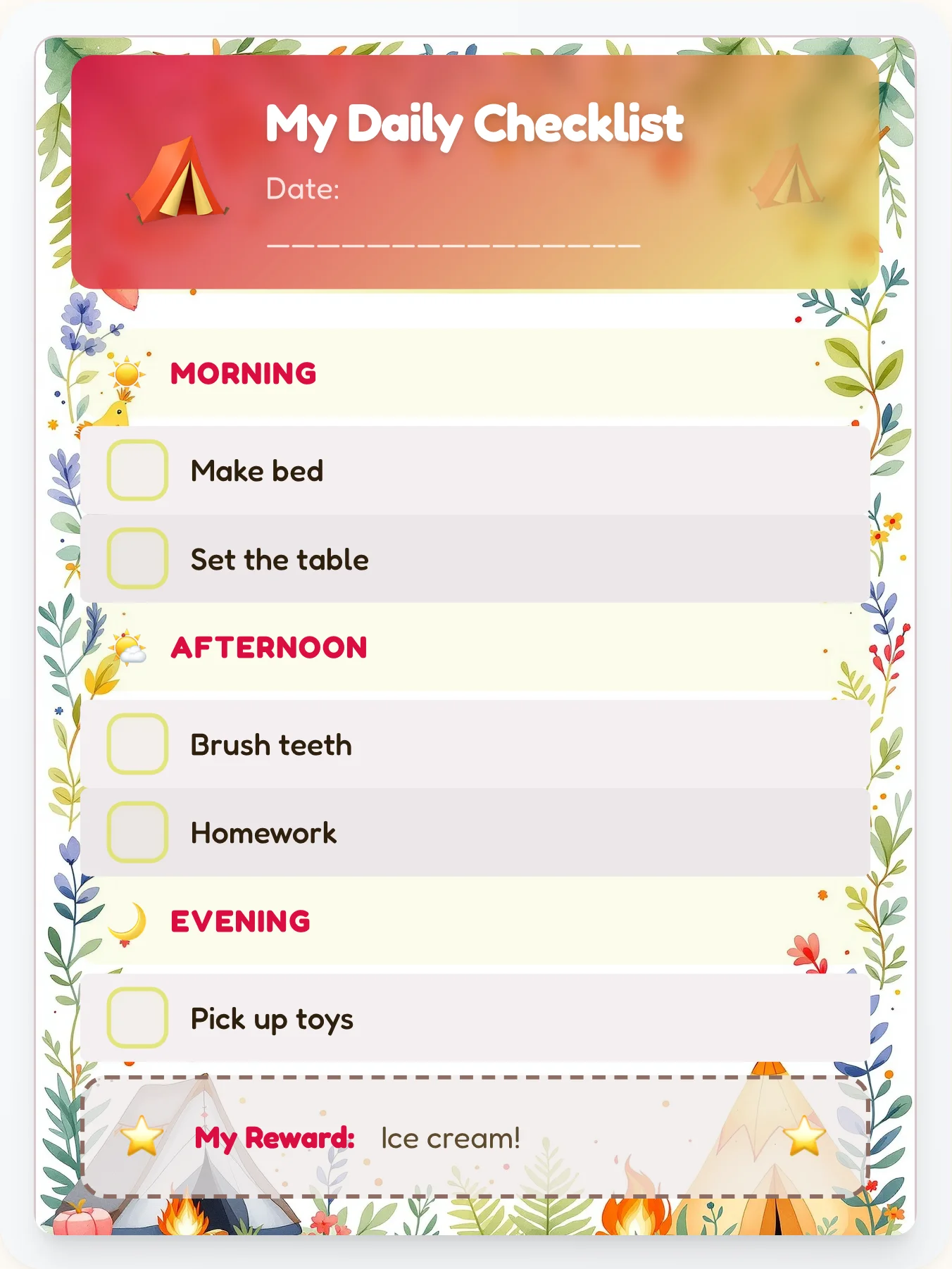 Frosty Camping Daily Planner - printable camping chore chart