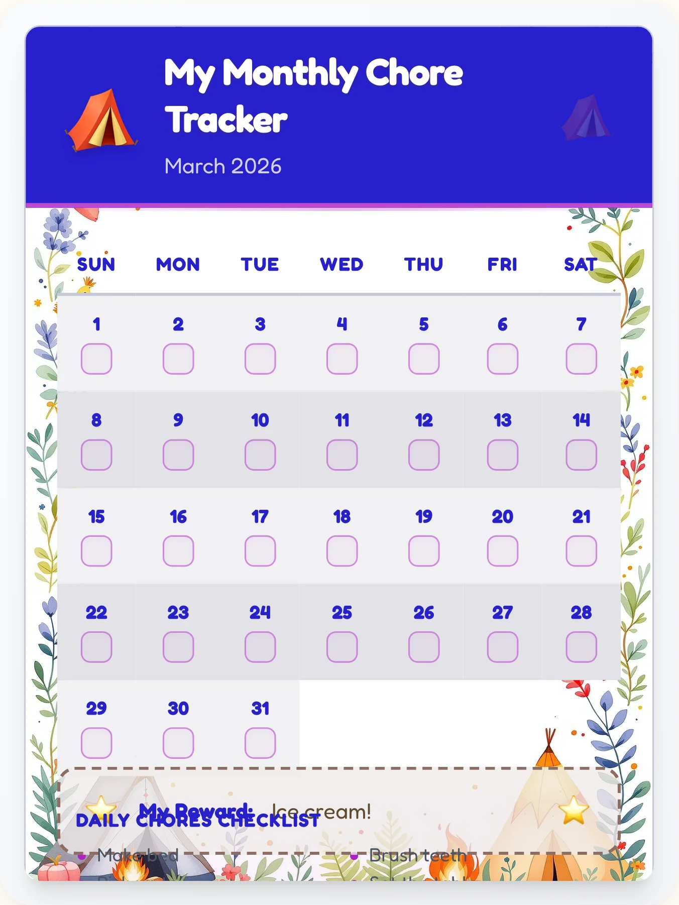 Organic Camping Calendar Board - printable camping chore chart