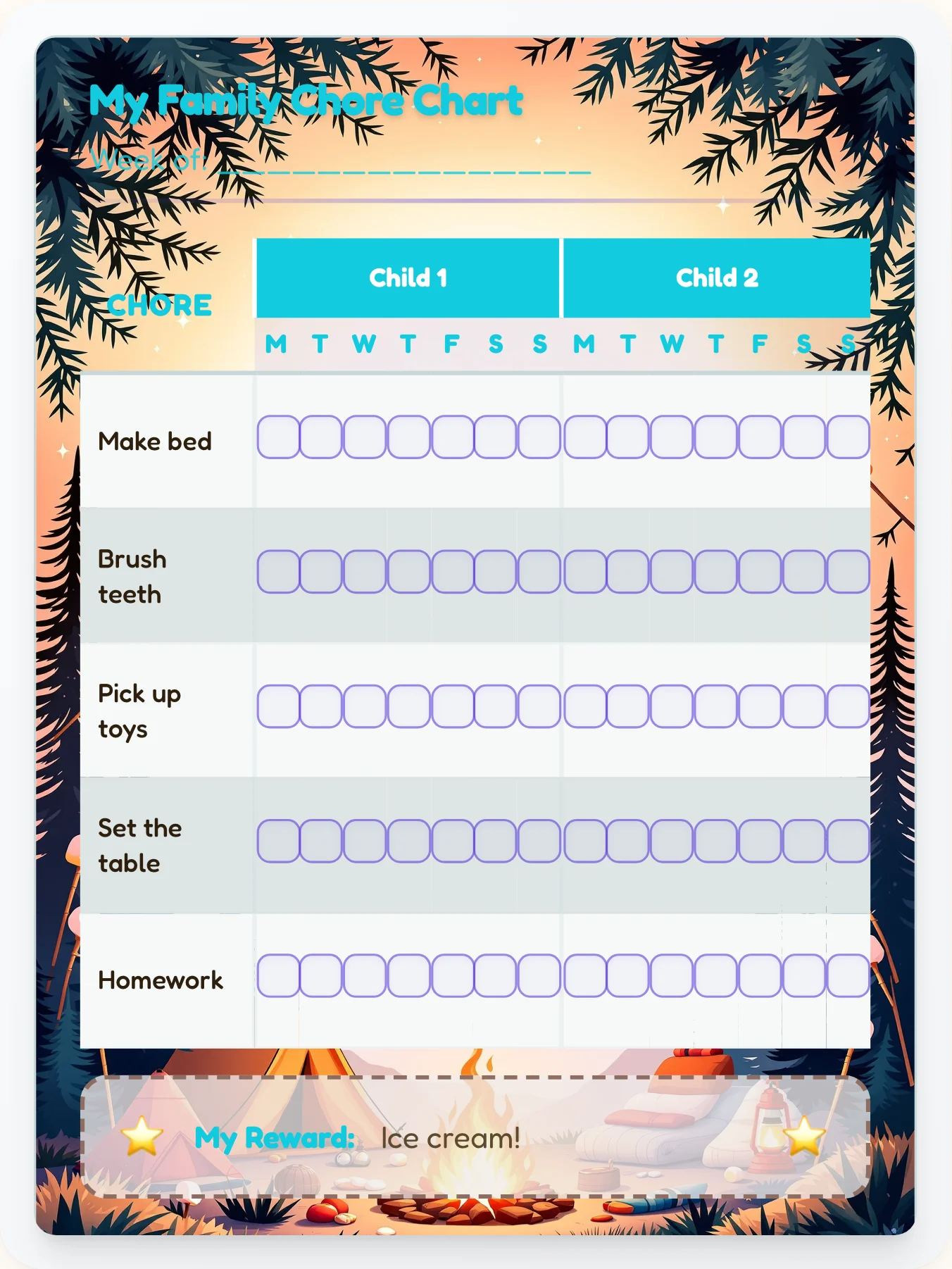 Harmony Camping Team Chart - printable camping chore chart