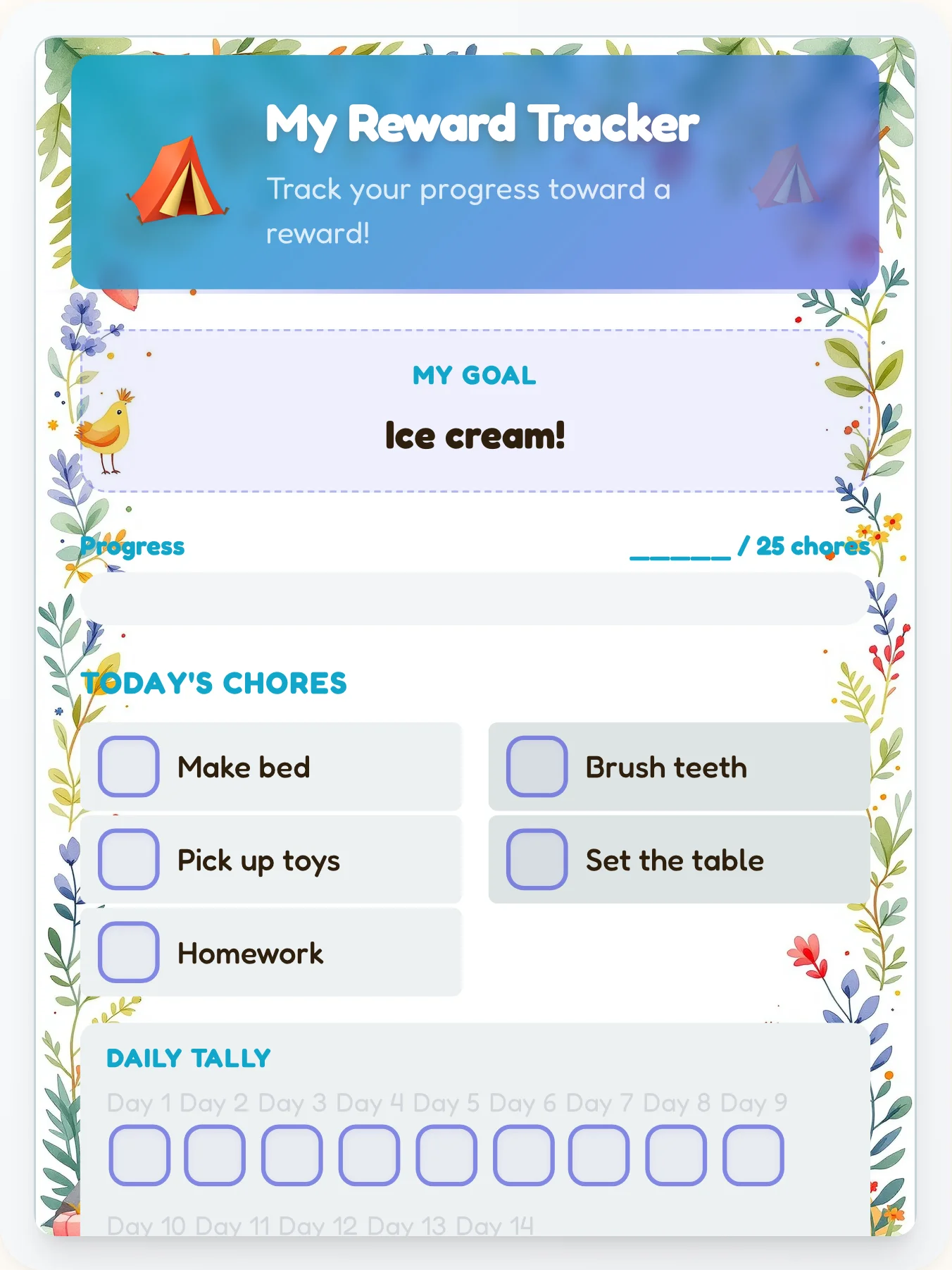 Inspiring Camping Achievement Board - printable camping chore chart