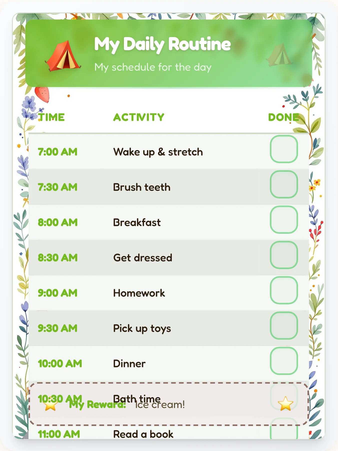 Quiet Camping Time Planner — Free Printable Routine Schedule Template - printable camping chore chart