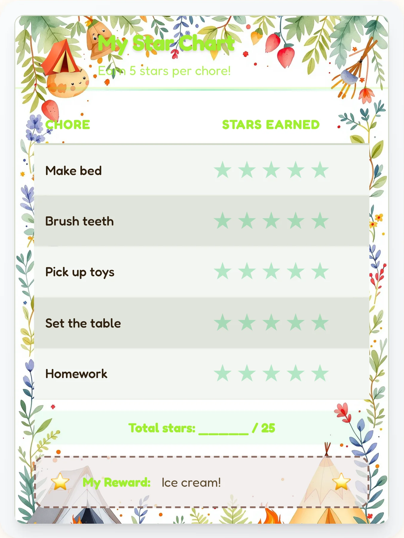 Playful Camping Gold Stars - printable camping chore chart