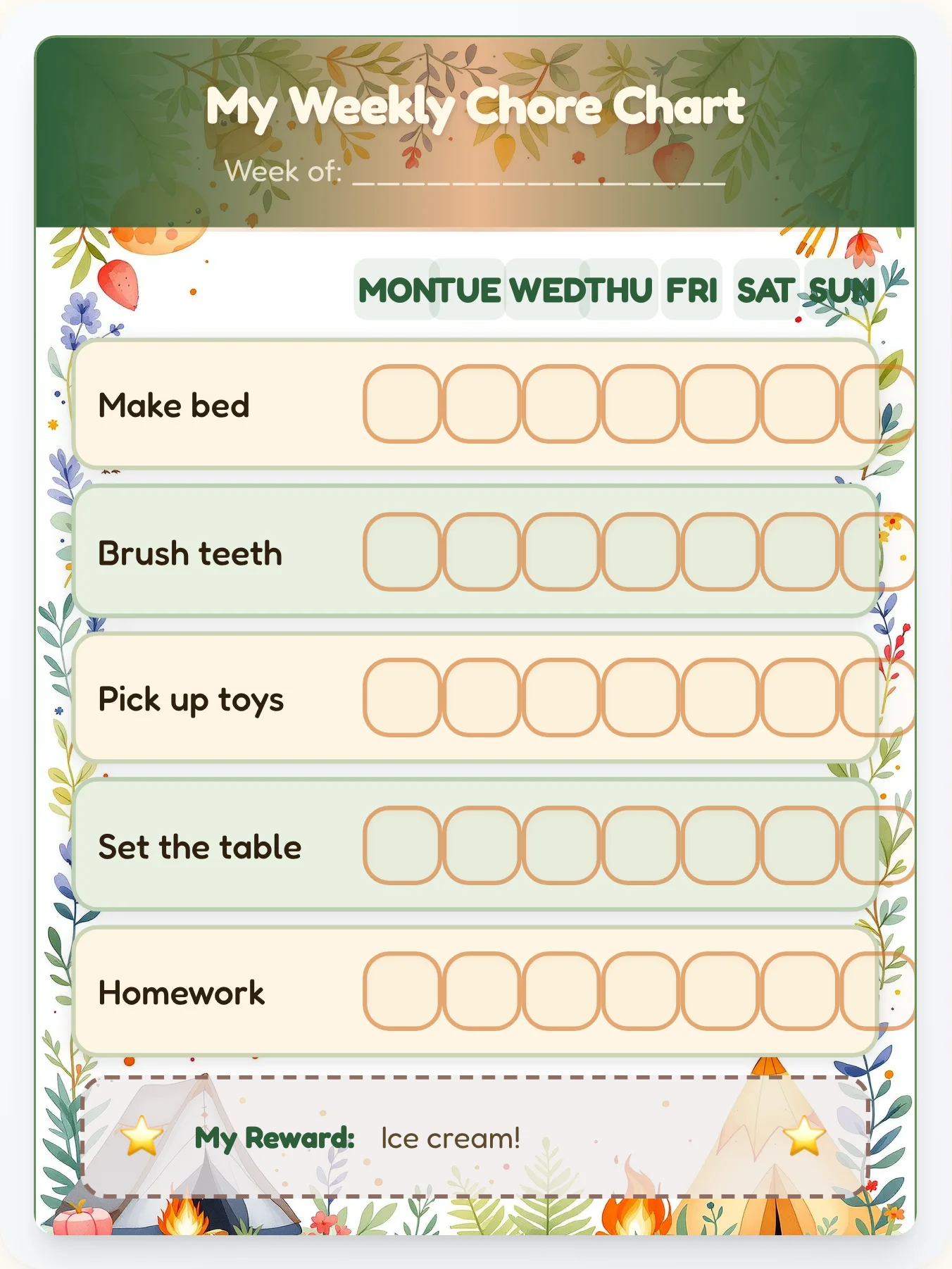 Bear Family Campout — Free Printable Camping Chore Chart - printable camping chore chart