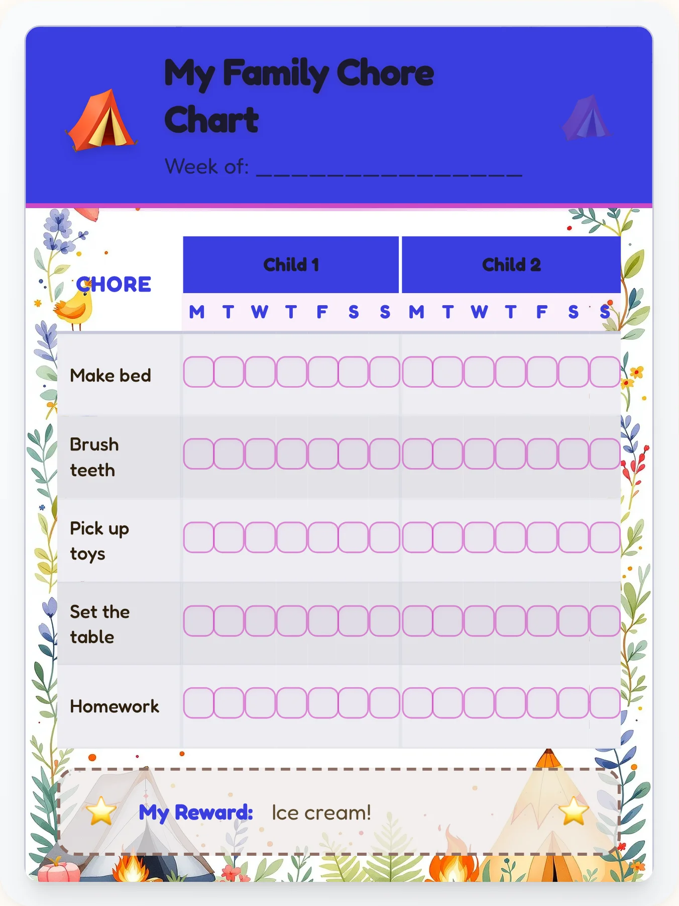 Natural Camping Group Planner - printable camping chore chart