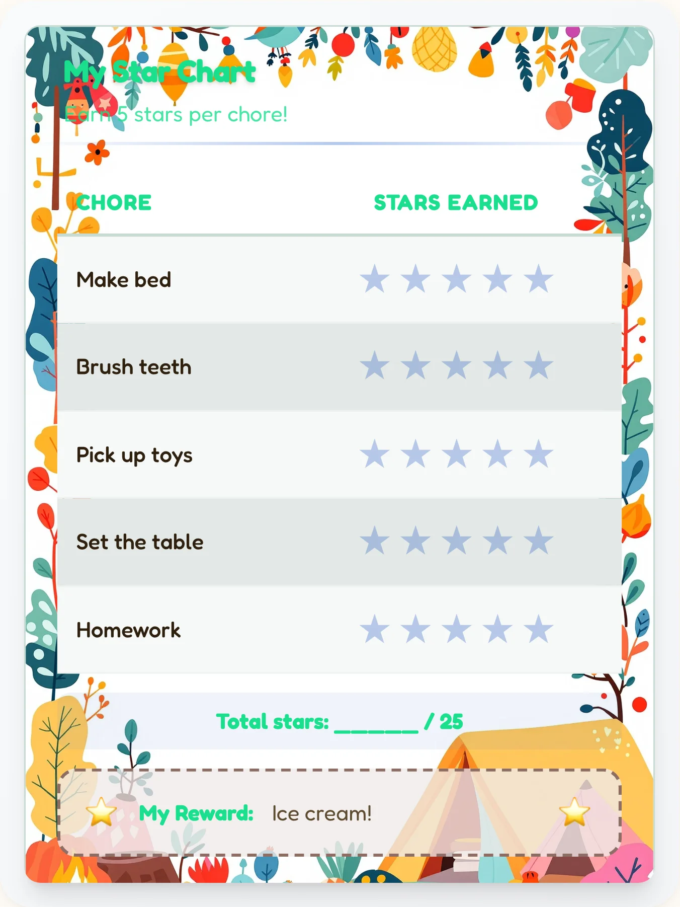 Dainty Camping Gold Stars - printable camping chore chart