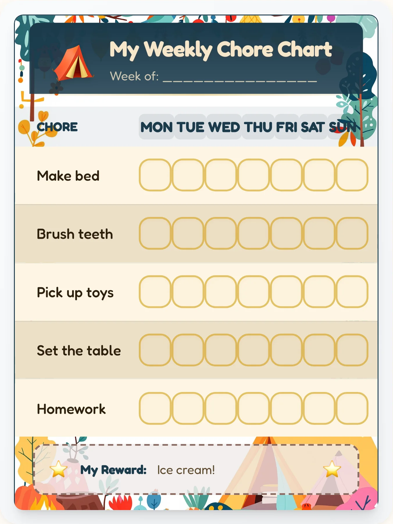 Camp Ponderosa 72 — Free Printable Camping Chore Chart - printable camping chore chart
