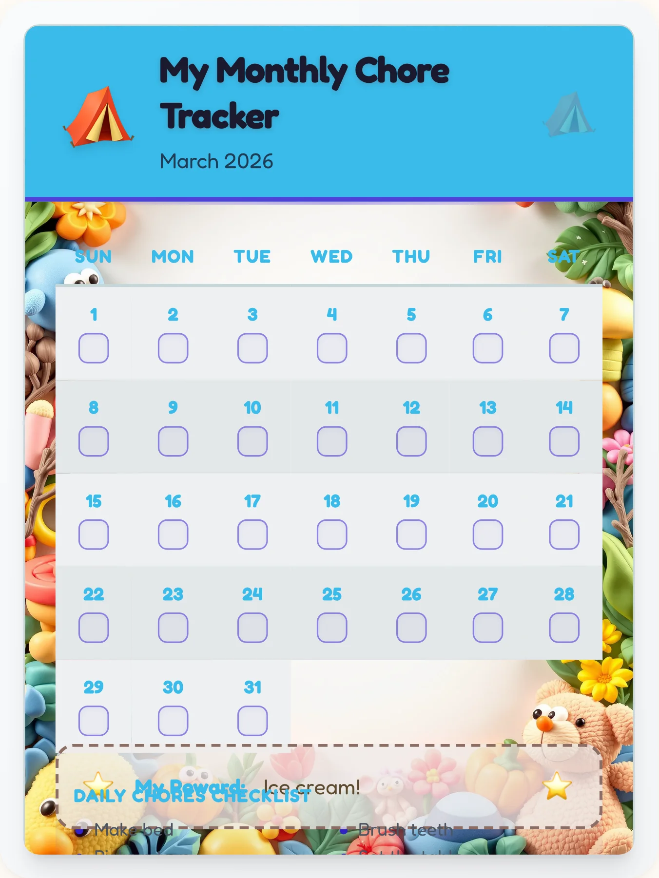 Inspiring Camping Monthly Planner - printable camping chore chart
