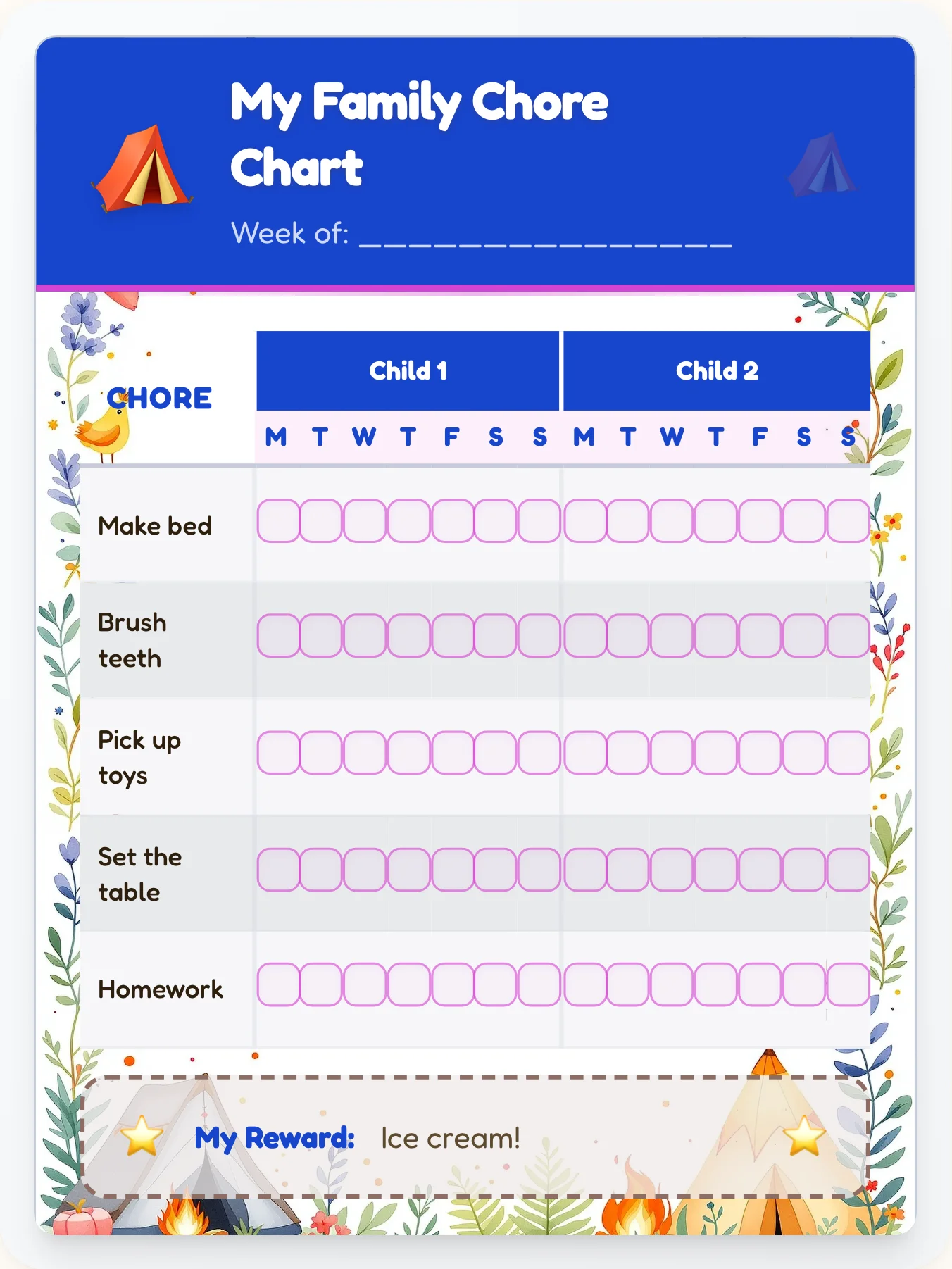 Mellow Camping Multi-Kid Tracker - printable camping chore chart