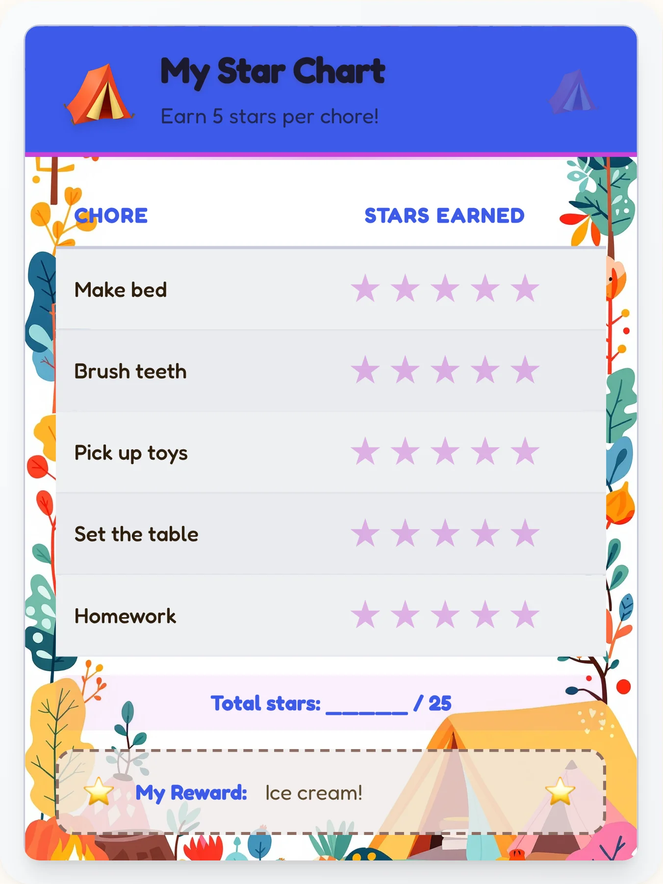 Mellow Camping Star Rewards - printable camping chore chart