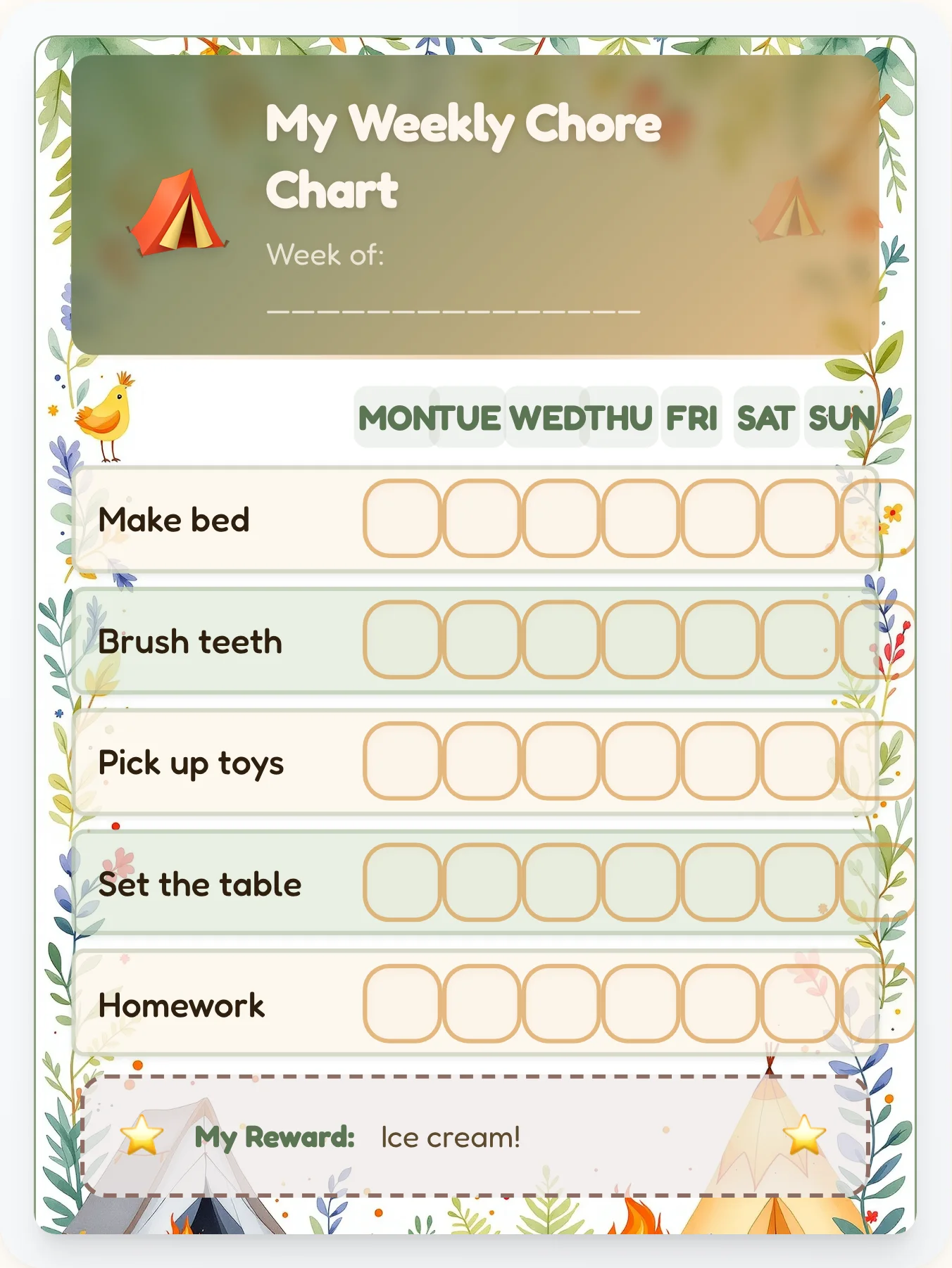 Pinecone Creek Dawn — Free Printable Camping Chore Chart - printable camping chore chart