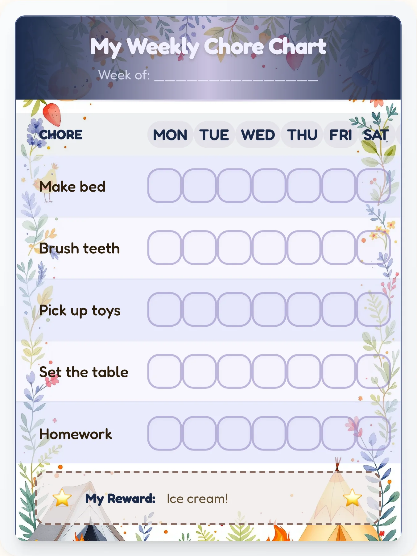 Midnight Ember Lakeside — Free Printable Camping Chore Chart - printable camping chore chart