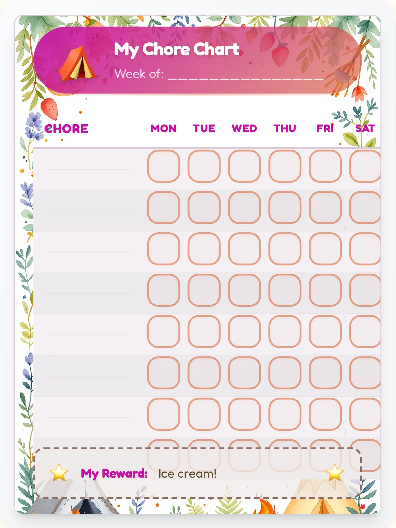 Airy Camping Free Form - printable camping chore chart