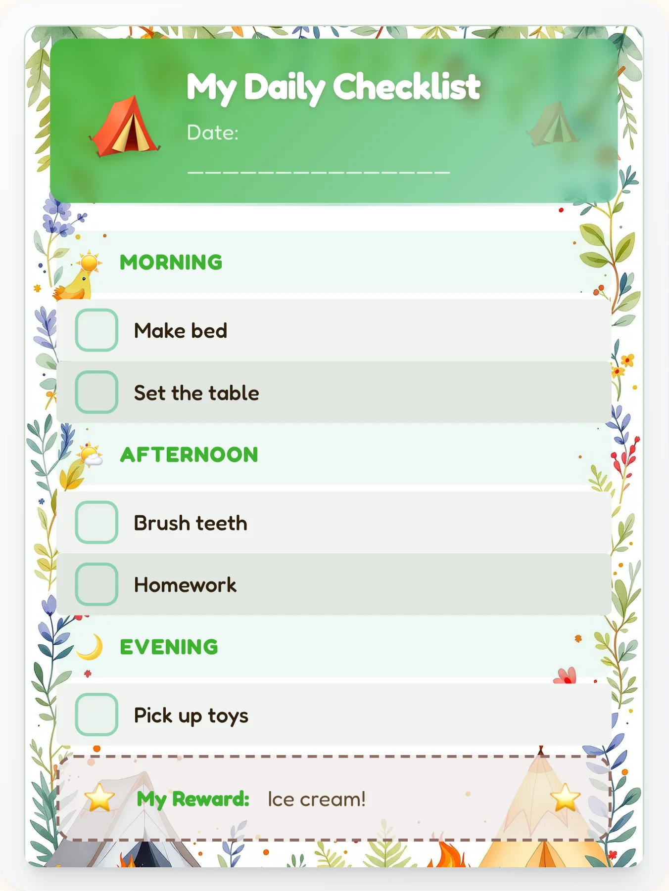 Tender Camping Daily Planner - printable camping chore chart