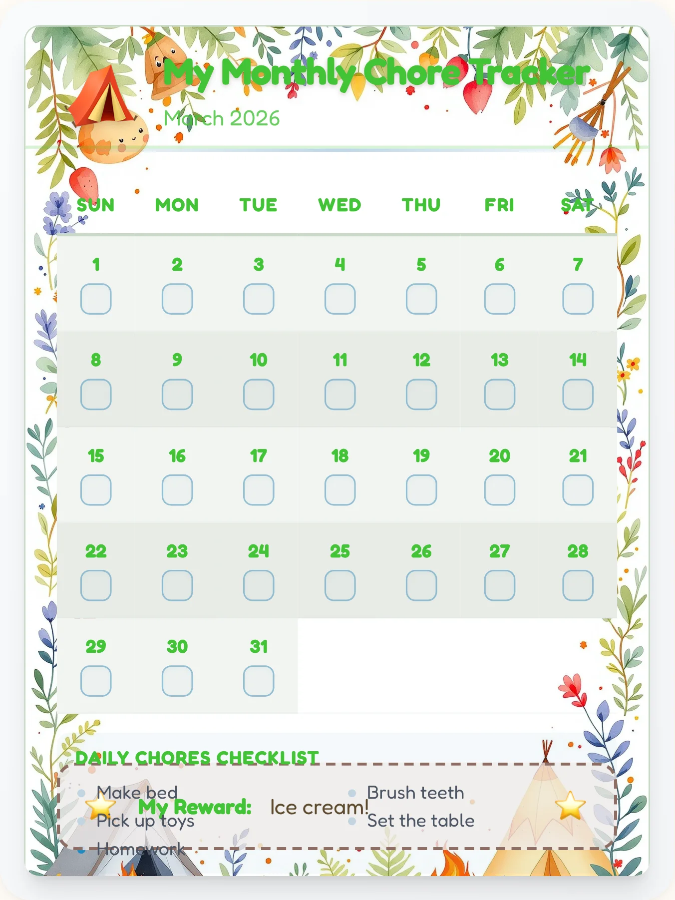 Tender Camping Calendar Chart - printable camping chore chart