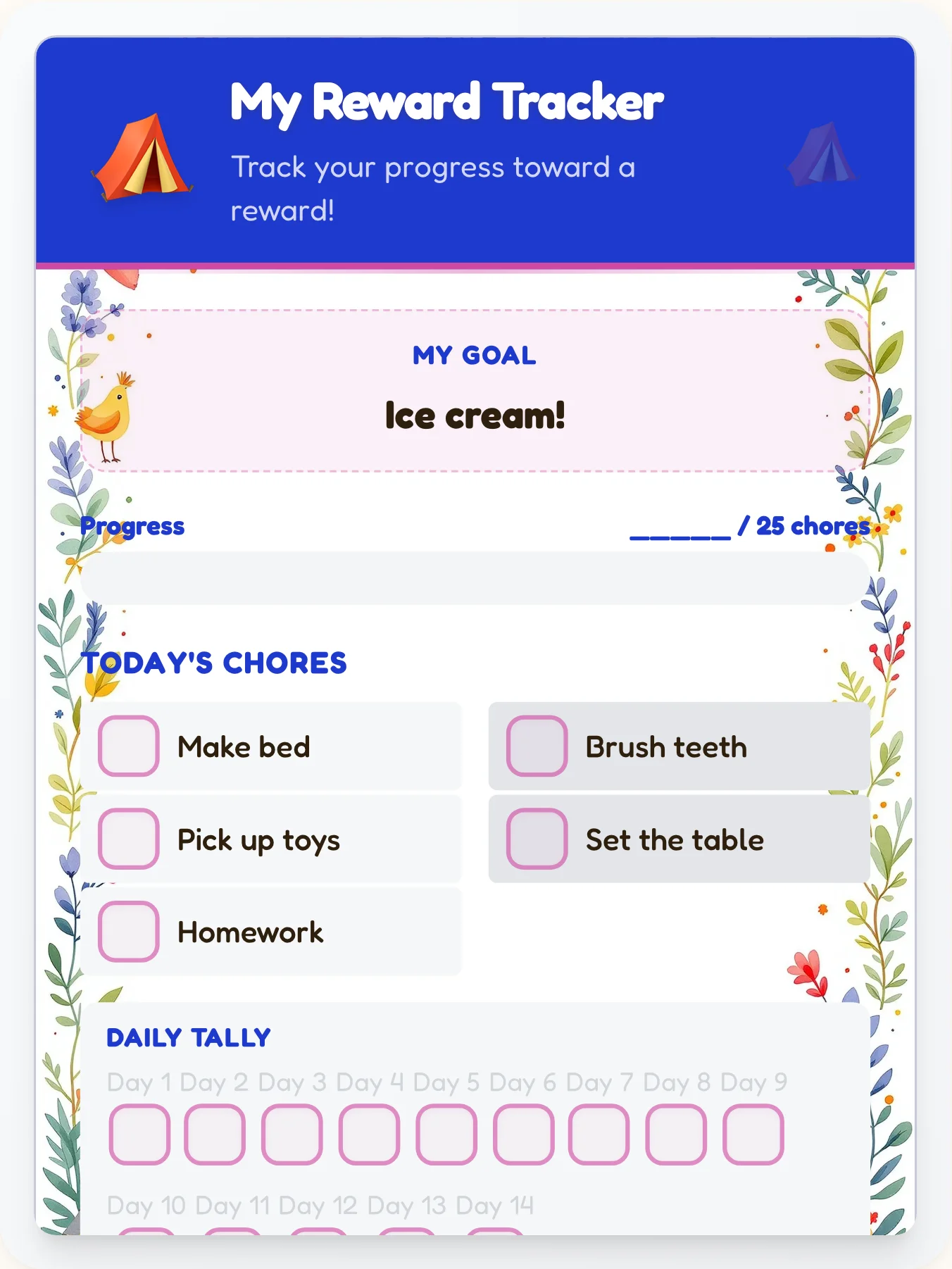 Mellow Camping Achievement Board - printable camping chore chart