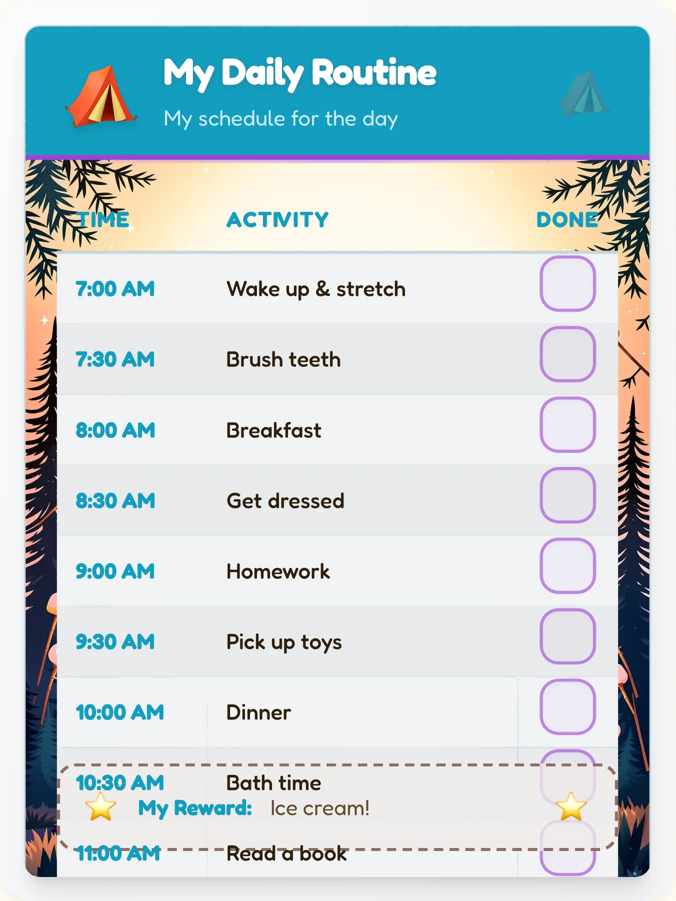 Inspiring Camping Routine Board - printable camping chore chart