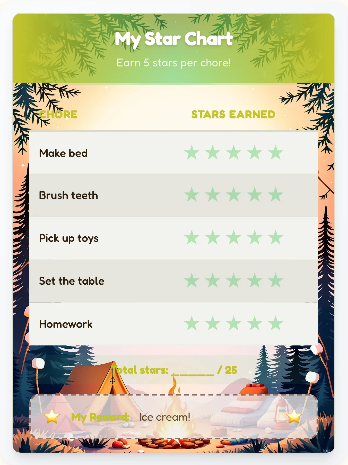 Lively Camping Star Board - printable camping chore chart