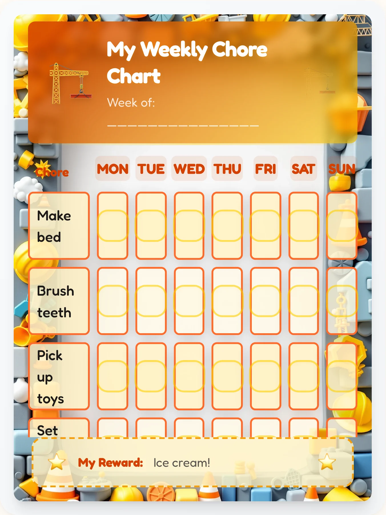 Builder Boss Construction Chore Chart - printable construction chore chart