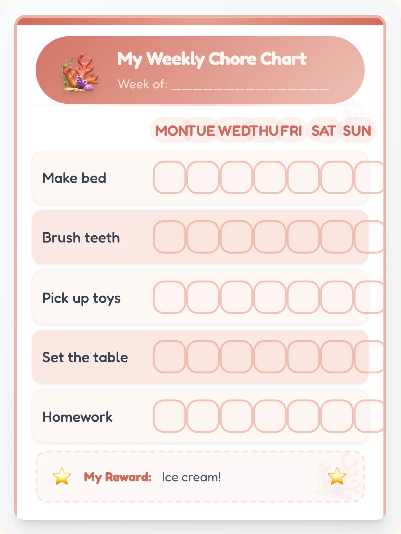 Coral Sand Chore Chart - printable coral chore chart