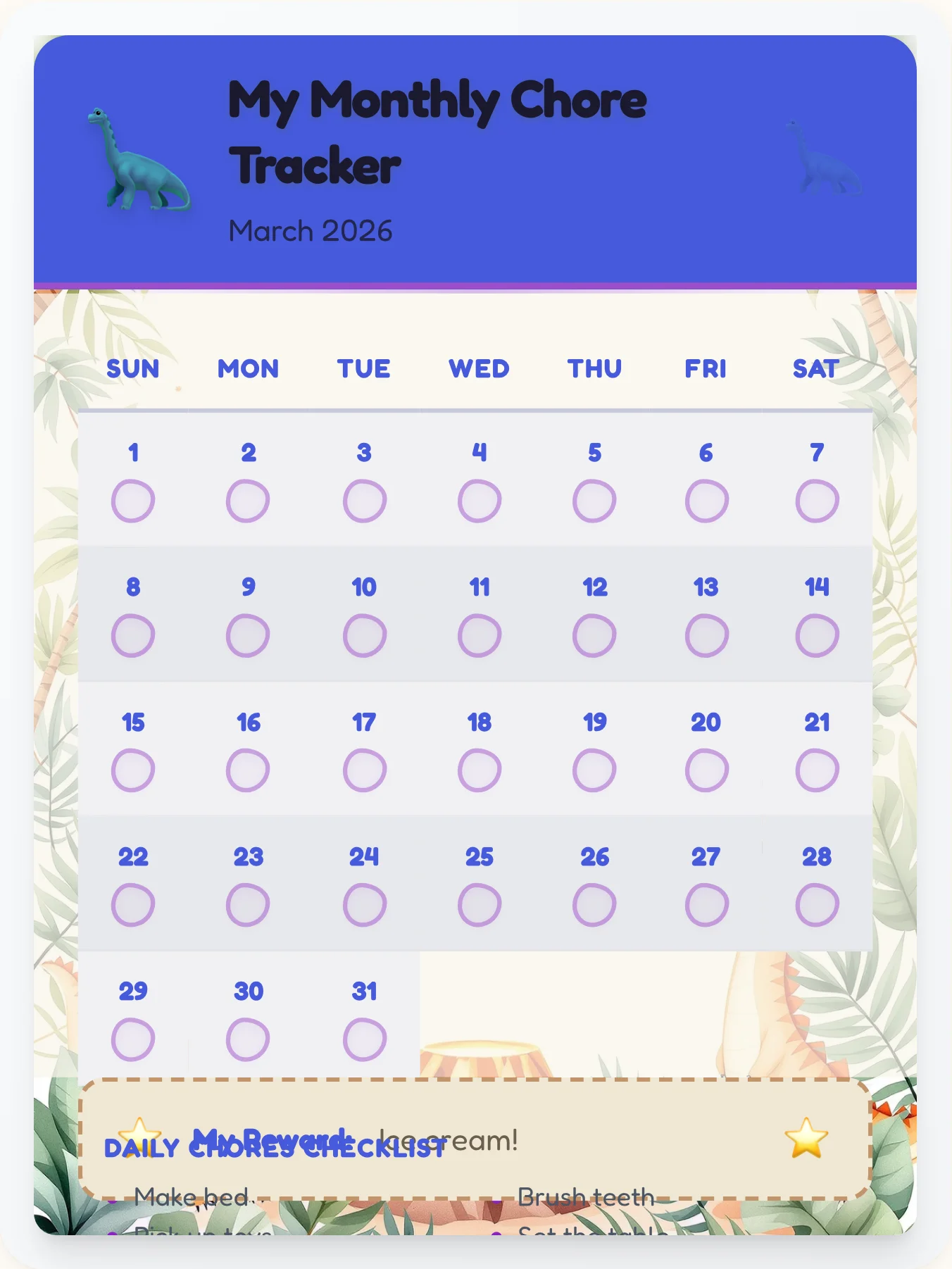 Natural Dinosaur Monthly Grid - printable dinosaur chore chart