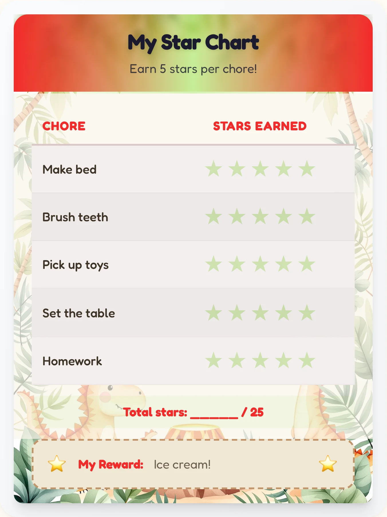 Bright Dinosaur Star Tracker - printable dinosaur chore chart