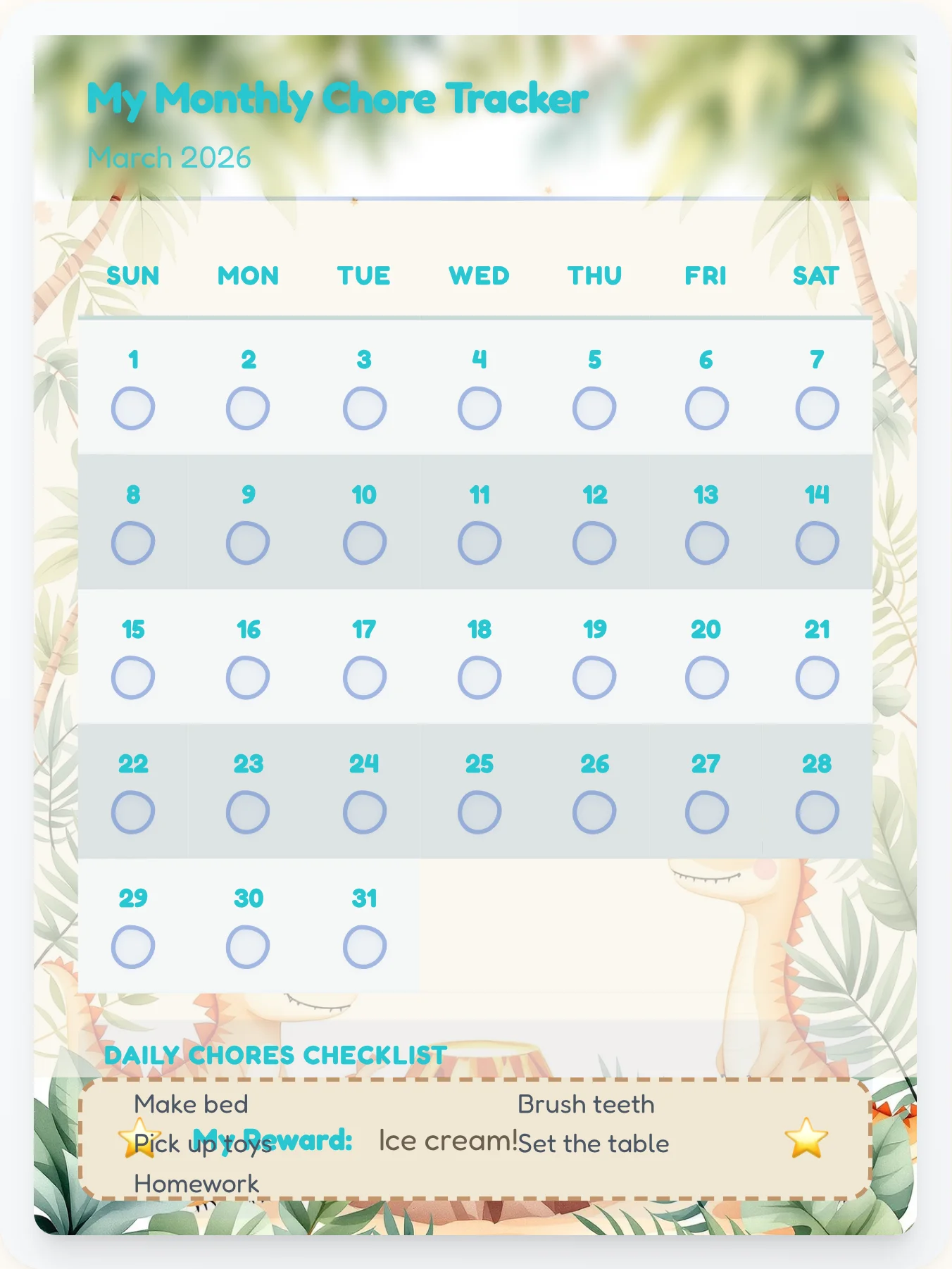 Harmony Dinosaur Monthly Grid - printable dinosaur chore chart