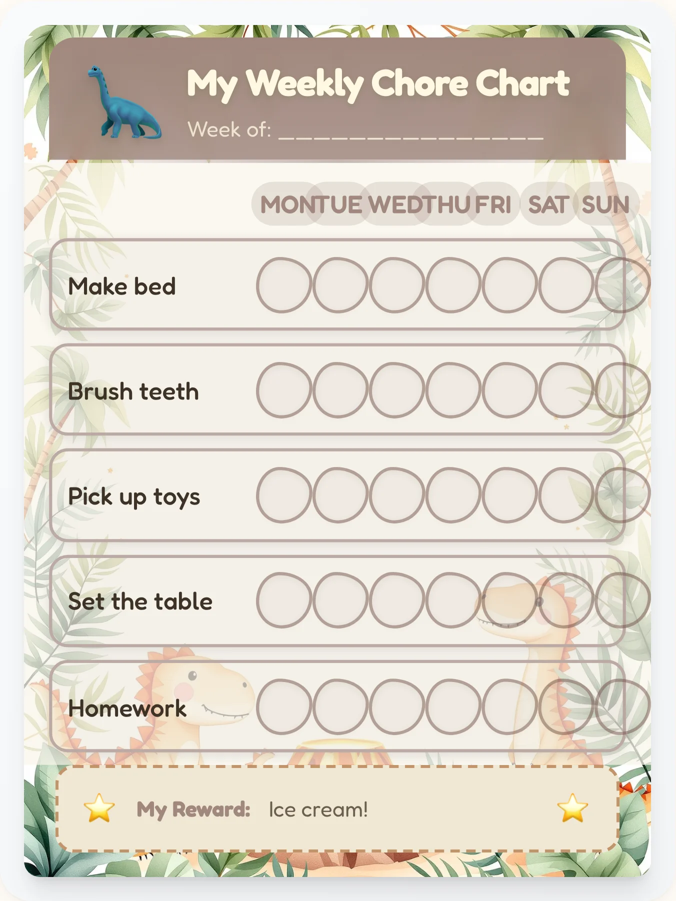 Fossil Dig Chore Chart - printable dinosaur chore chart