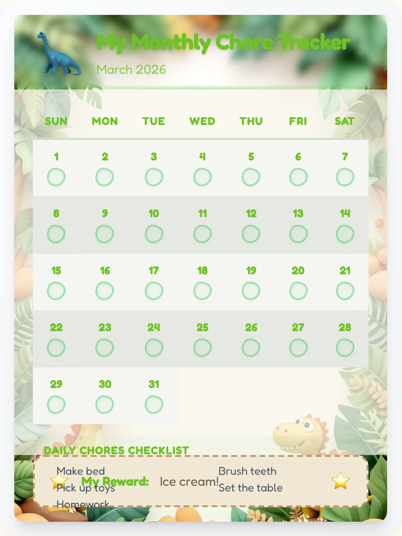 Quiet Dinosaur Monthly Grid - printable dinosaur chore chart
