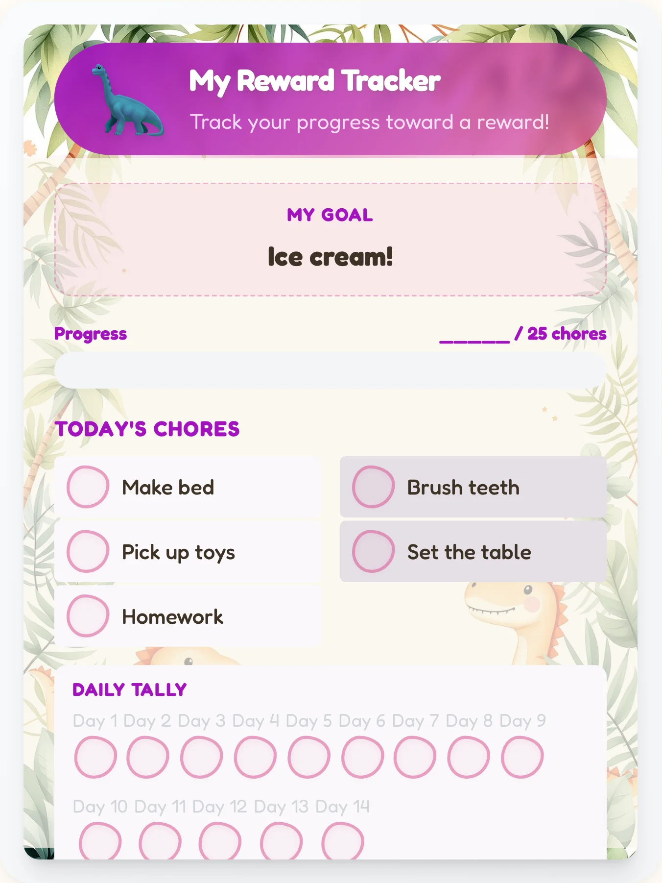 Vibrant Dinosaur Reward Board - printable dinosaur chore chart