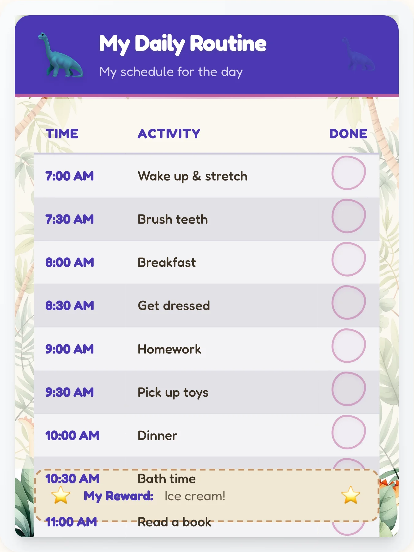 Peaceful Dinosaur Routine Board - printable dinosaur chore chart