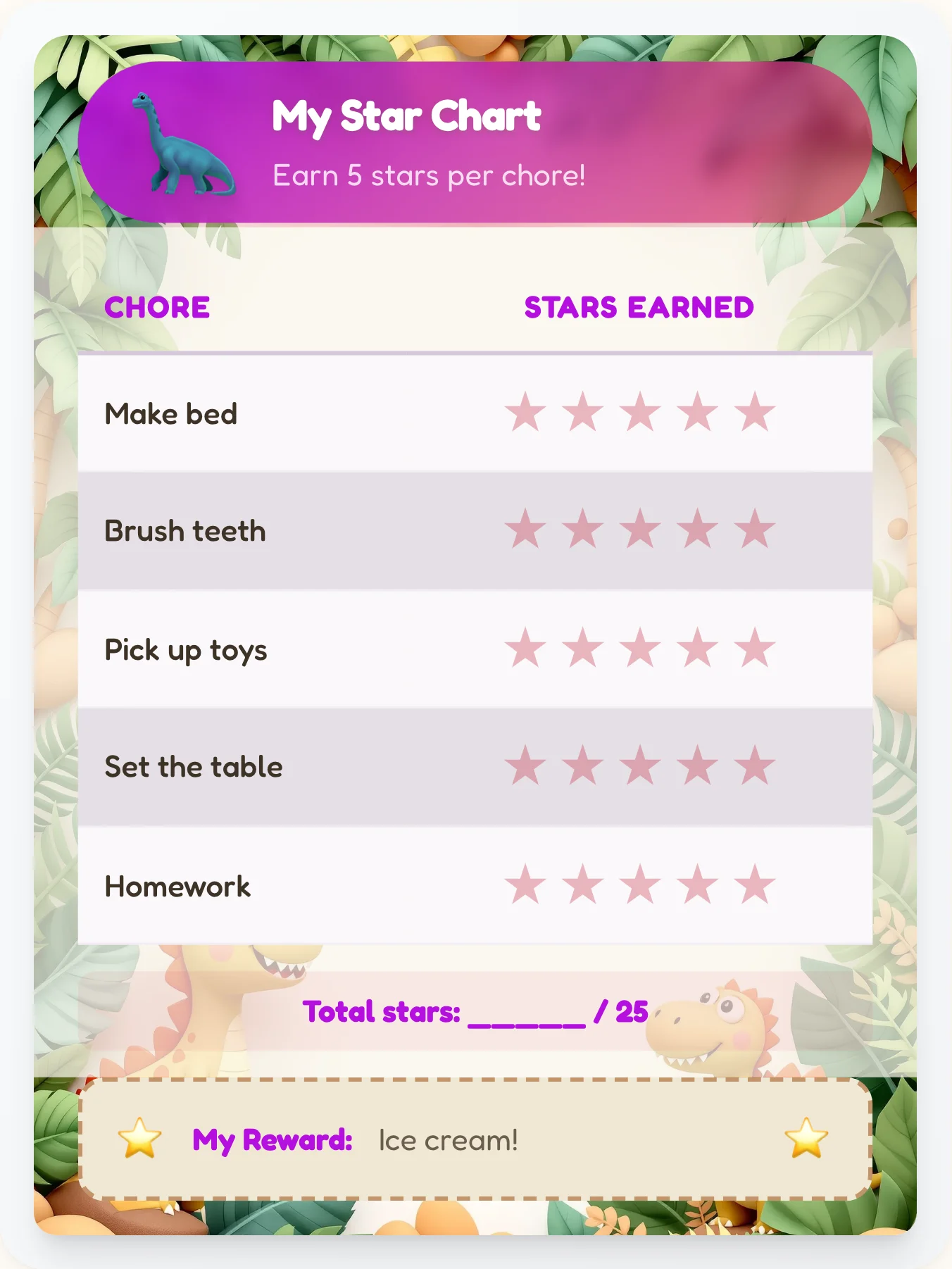 Vibrant Dinosaur Star Tracker - printable dinosaur chore chart