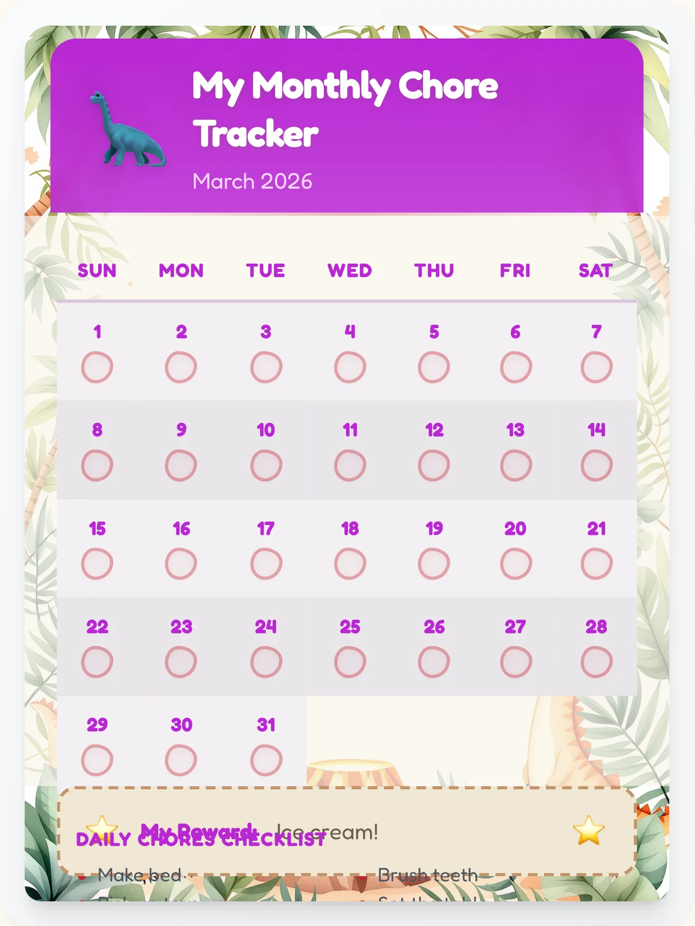 Vibrant Dinosaur Monthly Grid - printable dinosaur chore chart