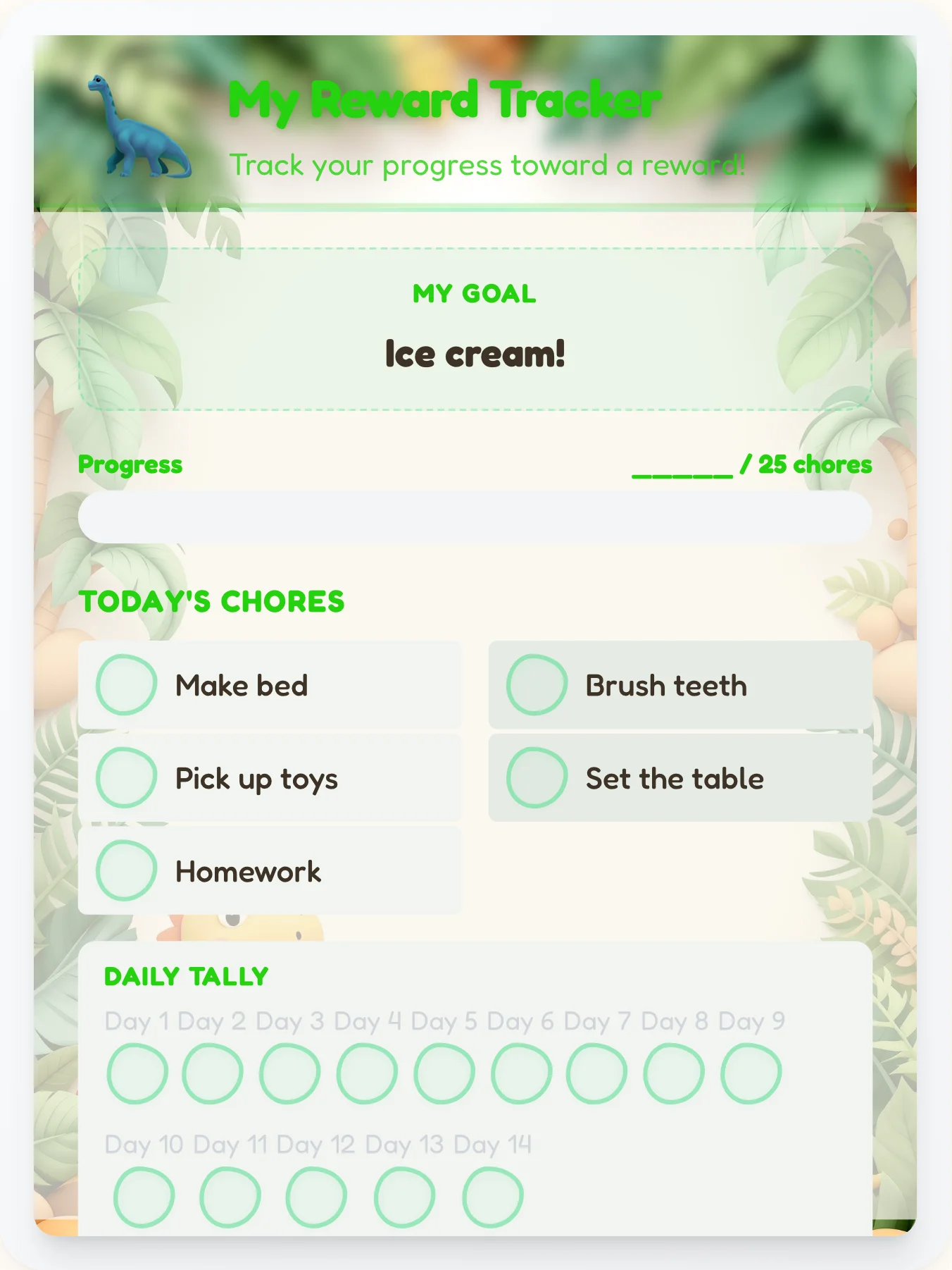 Tender Dinosaur Reward Board - printable dinosaur chore chart