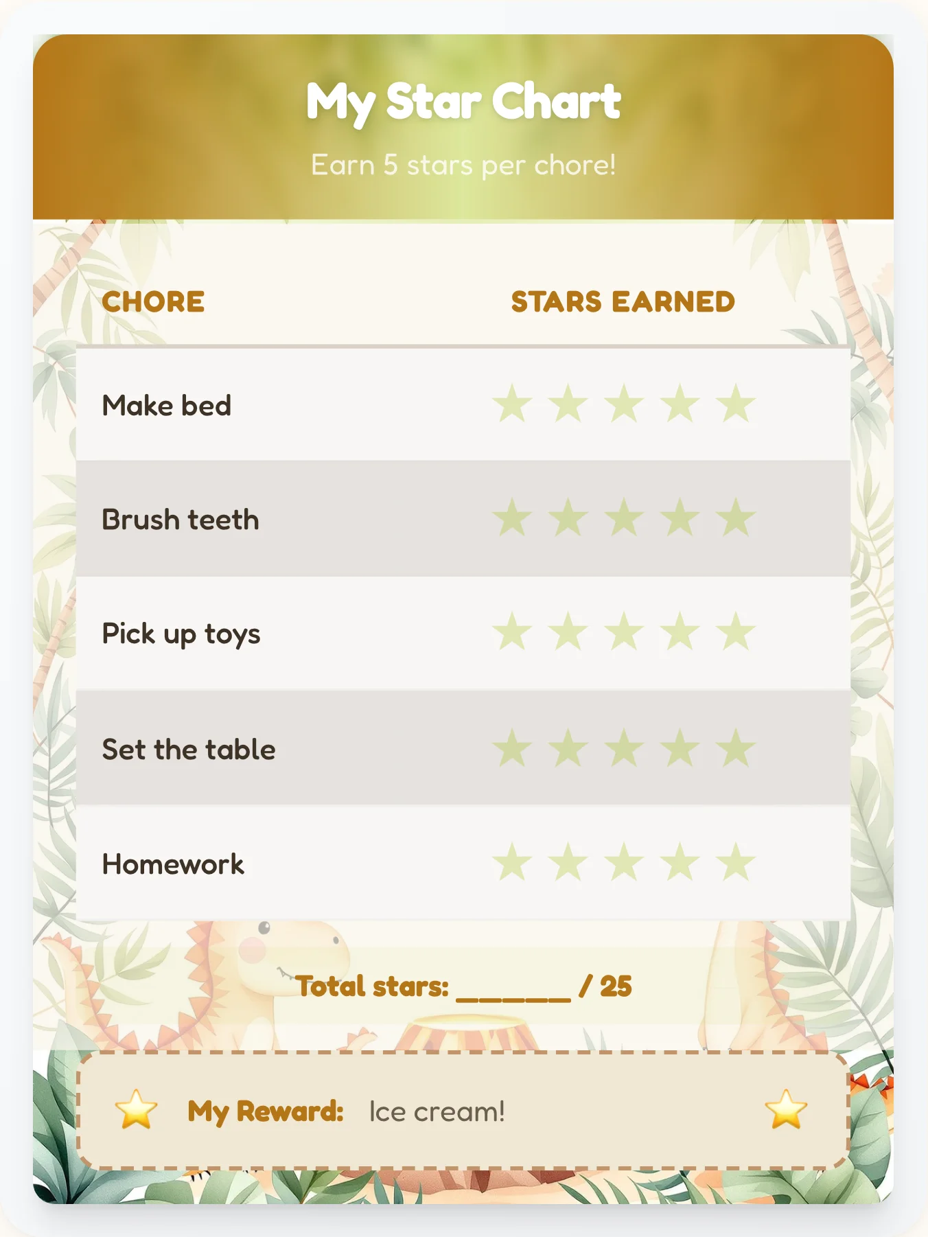 Golden Dinosaur Star Board - printable dinosaur chore chart