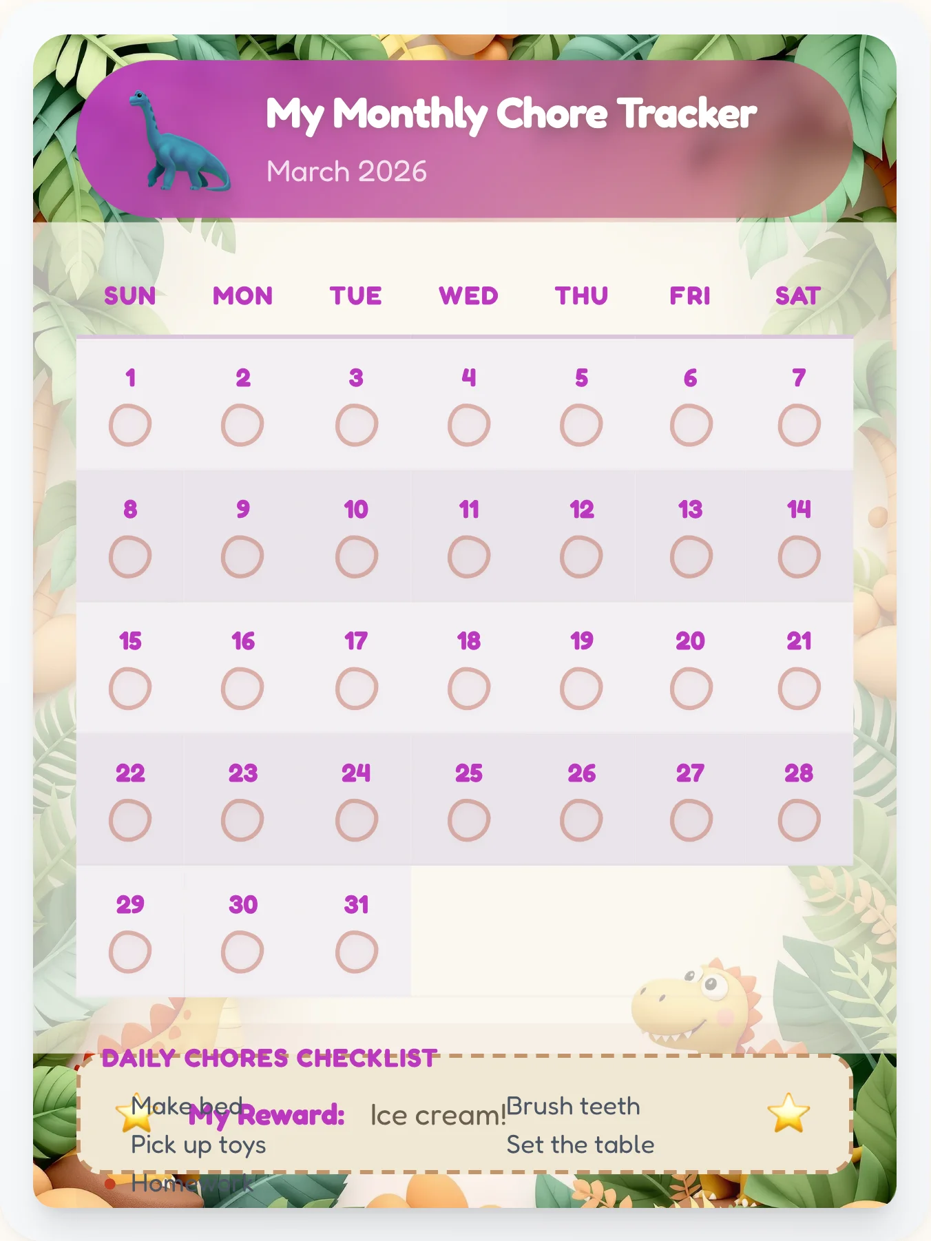 Whimsical Dinosaur Monthly Planner - printable dinosaur chore chart